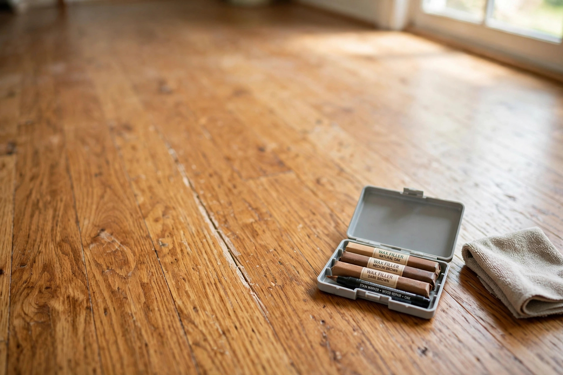 hardwood floor scratch repair kit reviews: Hardwood floor scratch repair kit shown on a scratched oak floor