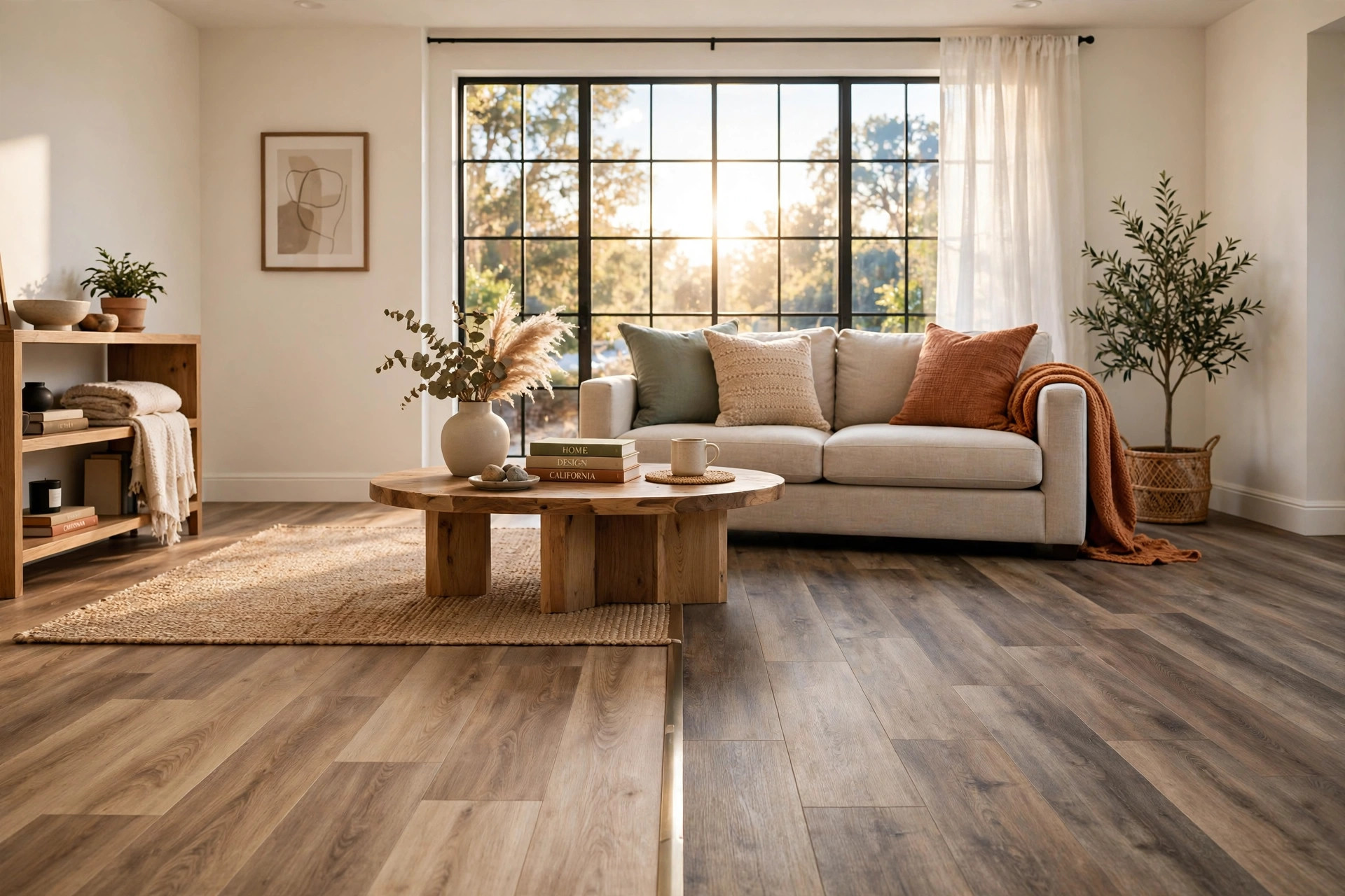 Laminate vs vinyl plank flooring comparison in a bright American living room
