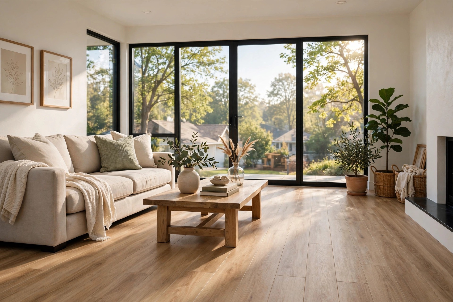LifeProof vs COREtec flooring comparison USA — oak-look luxury vinyl plank floor in an American living room