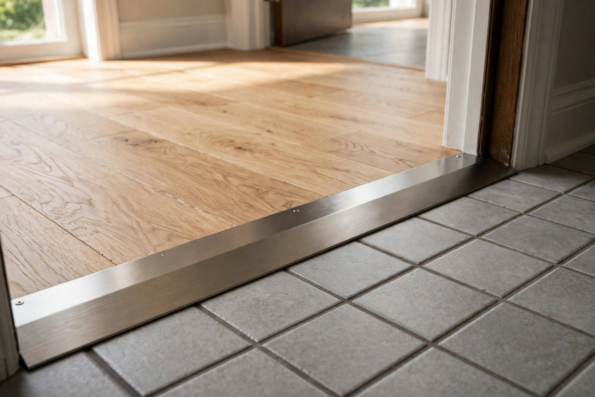 best transition strips for uneven floors usa: Wood and tile floor transition strip covering an uneven floor joint