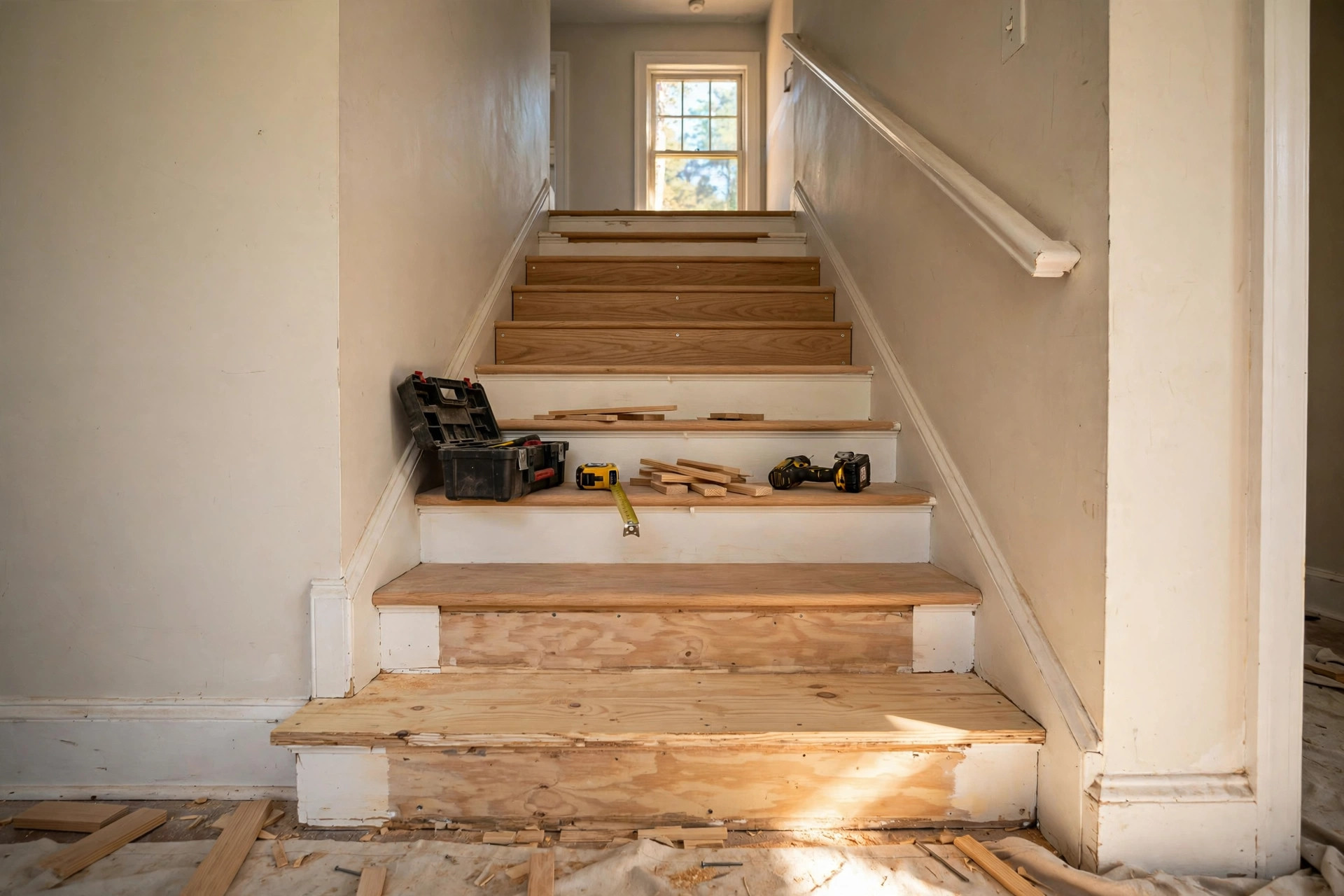 Hardwood stair treads being installed on a residential staircase, hardwood stair treads installation cost usa guide