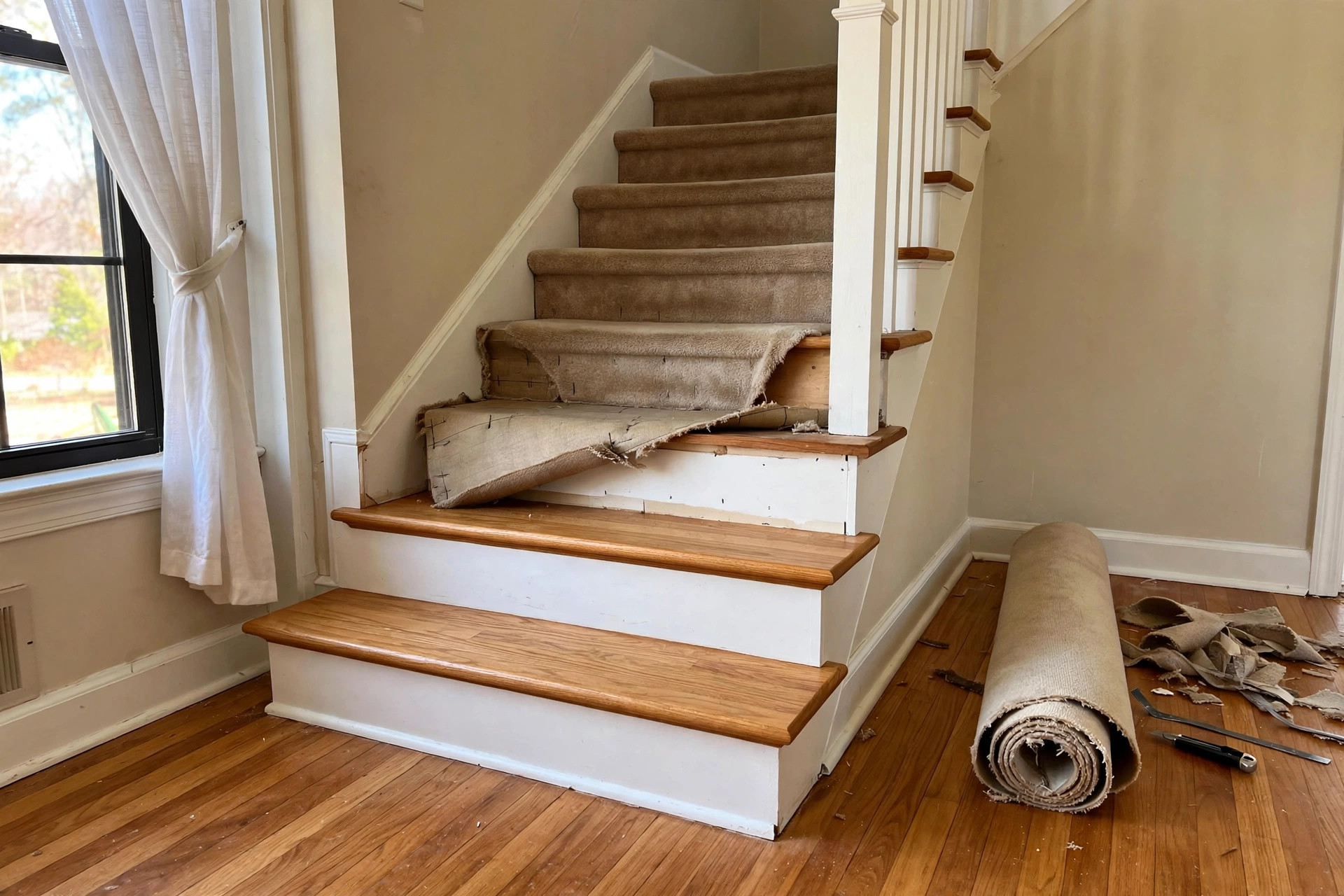 carpet to hardwood stair conversion cost: New hardwood stair treads replacing carpet on a home staircase