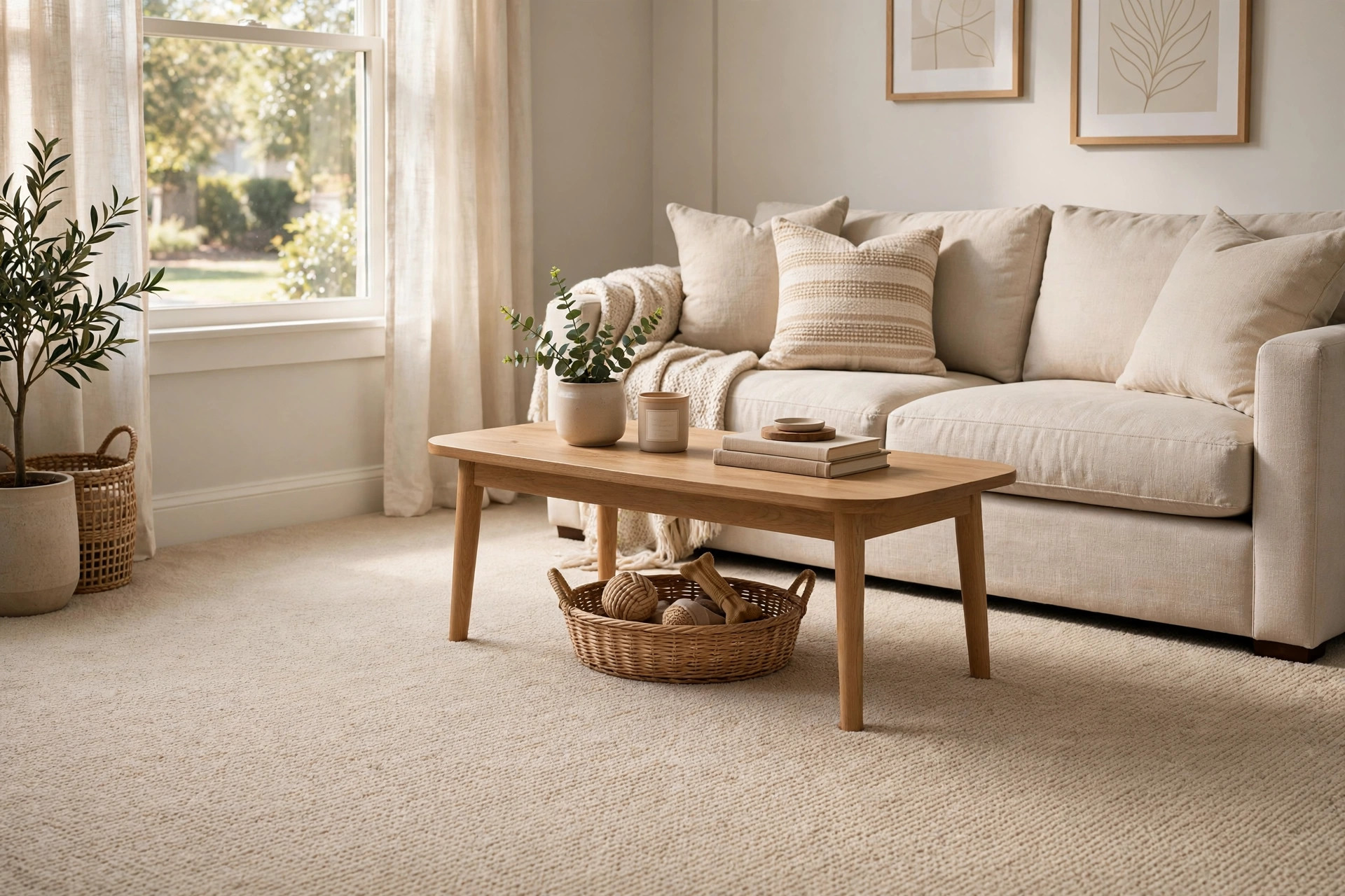 Stain resistant carpet for pets reviews usa — a clean beige carpeted living room with a sofa and no pets shown