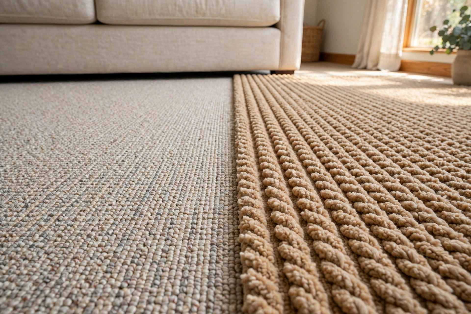 Berber vs frieze carpet comparison usa side by side in a living room