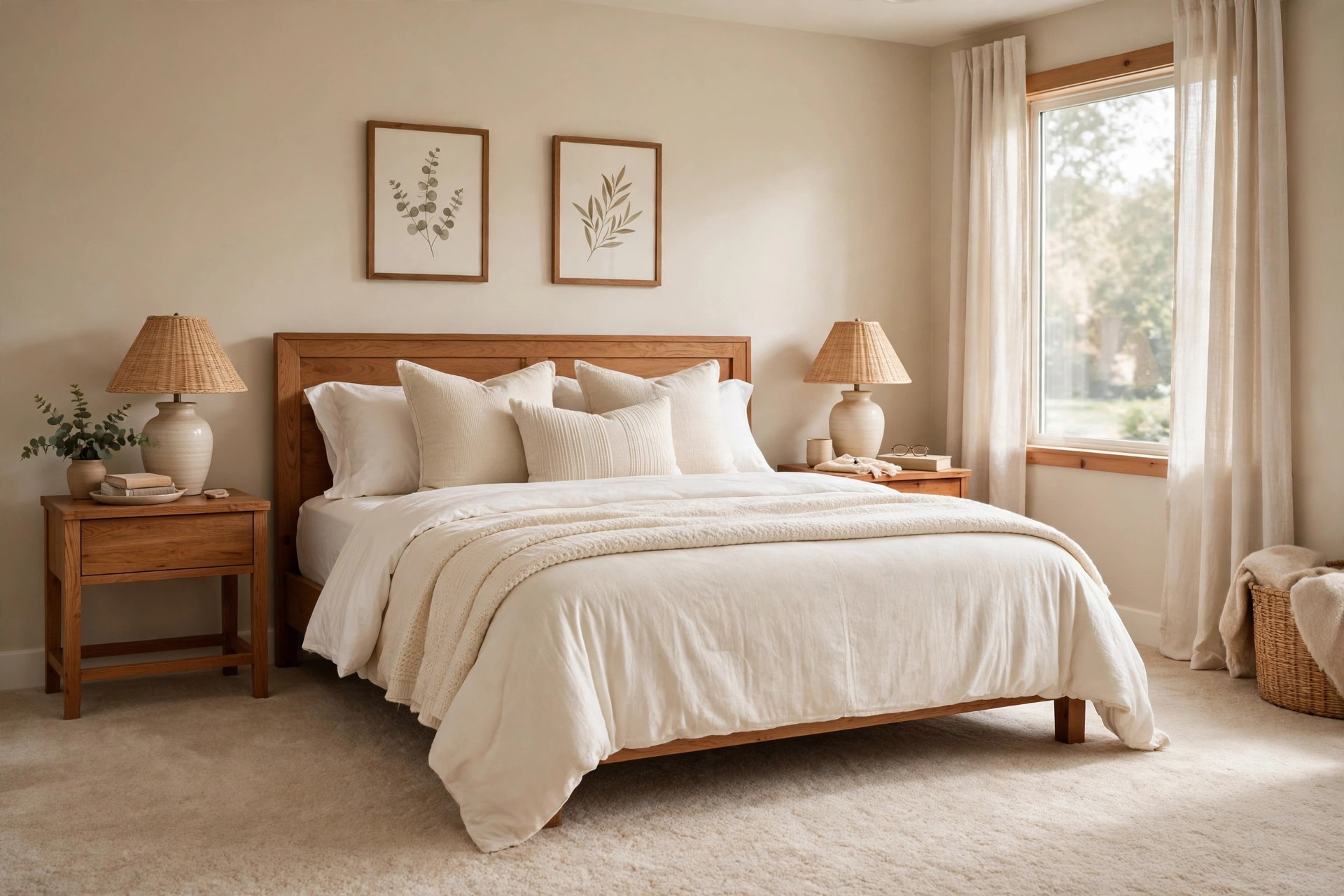 wool carpet pros and cons for bedrooms shown in a soft neutral bedroom