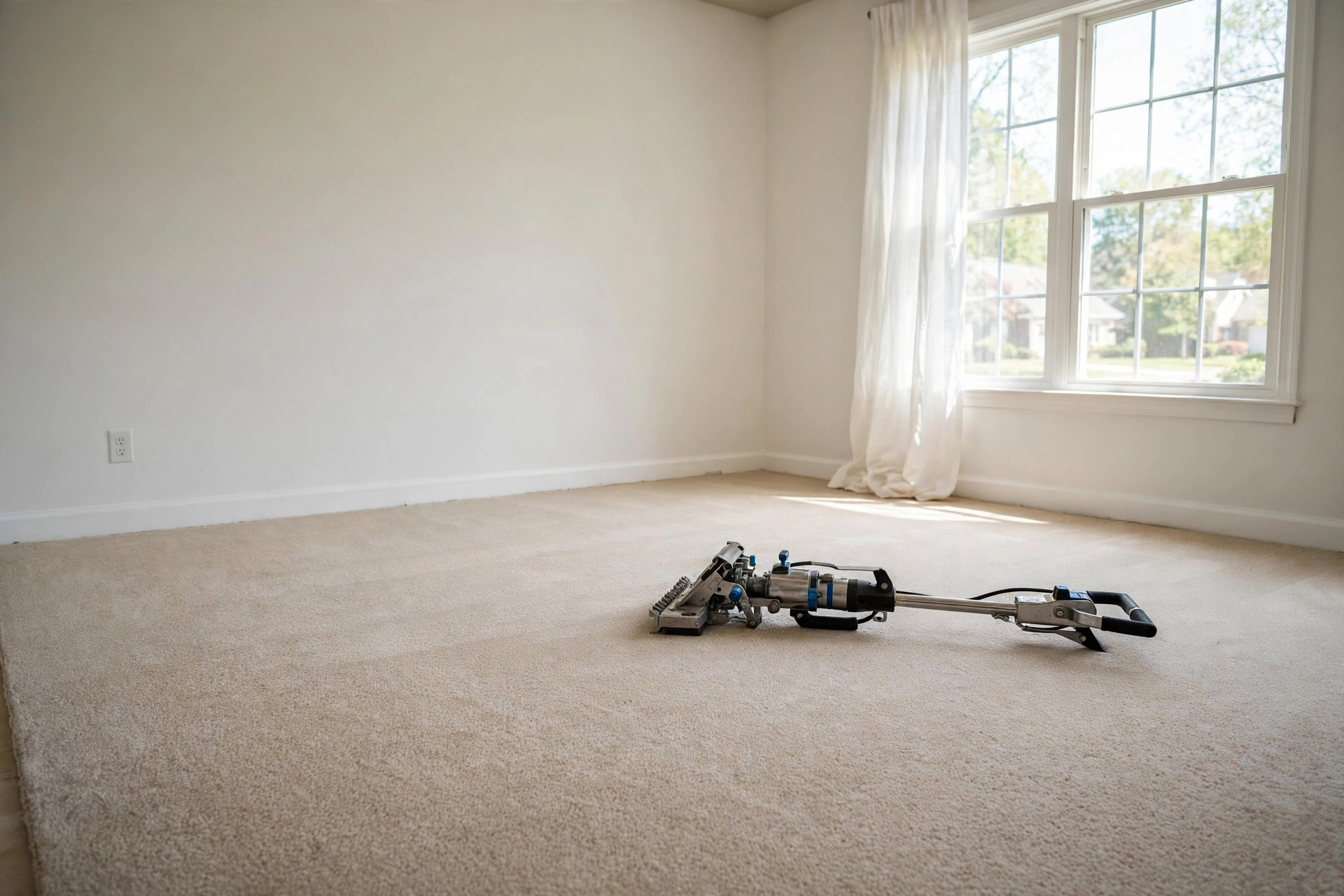 carpet stretching service cost near me: Carpet stretching tools on a newly stretched carpet in a living room