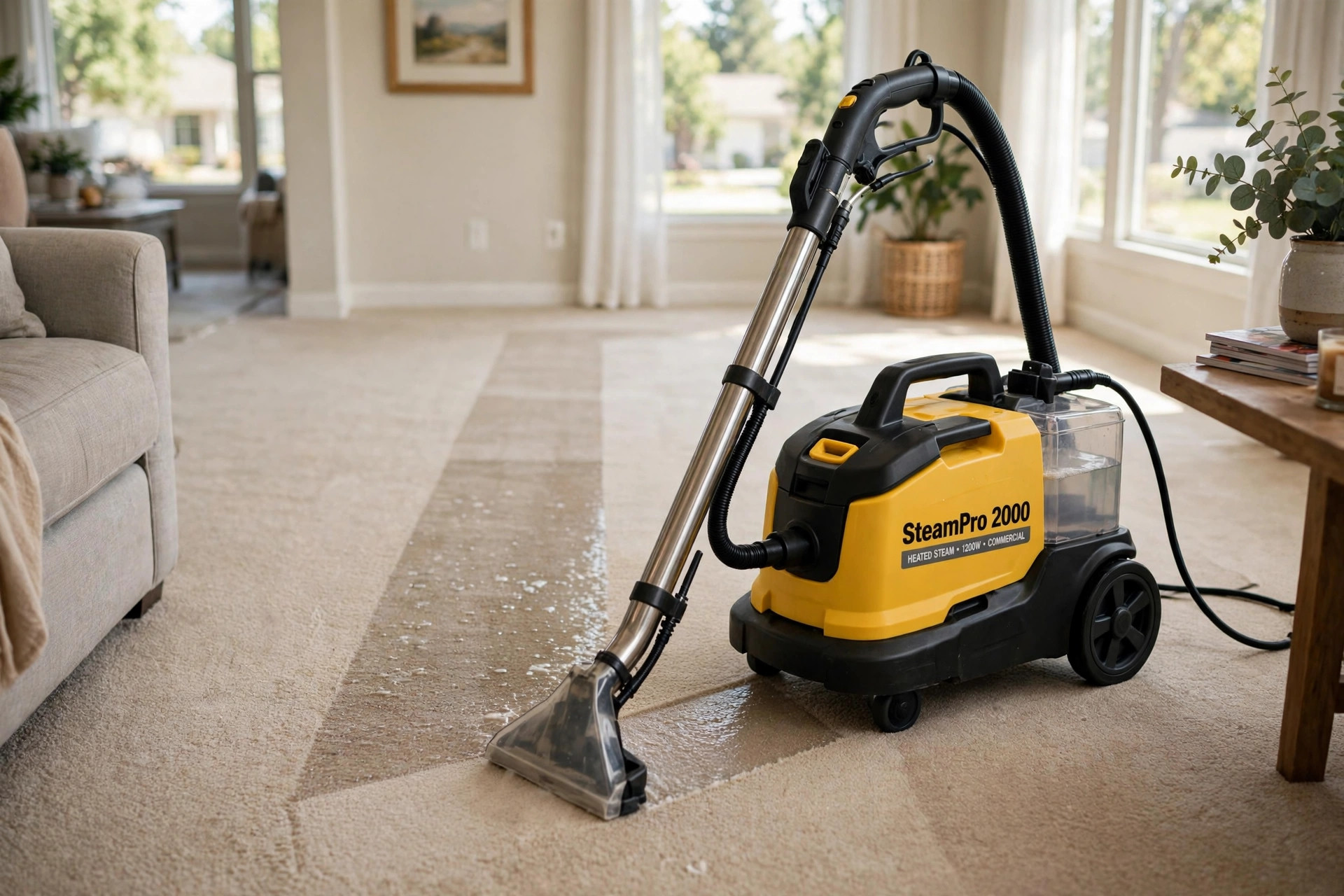 Professional carpet cleaning cost per room guide with steam cleaner in a living room