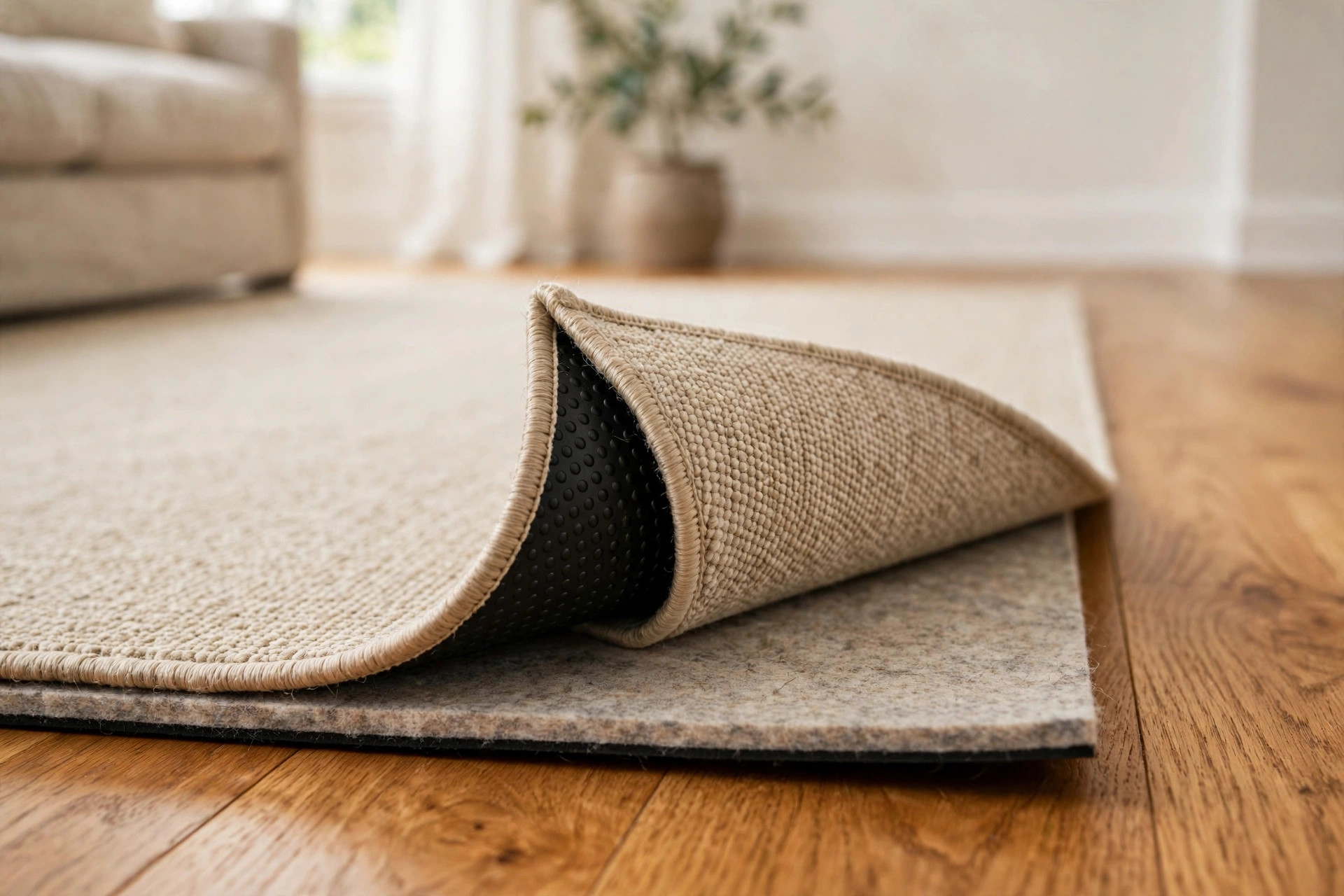 Area rug pad for hardwood floors reviews: rug corner lifted showing pad on wood floor