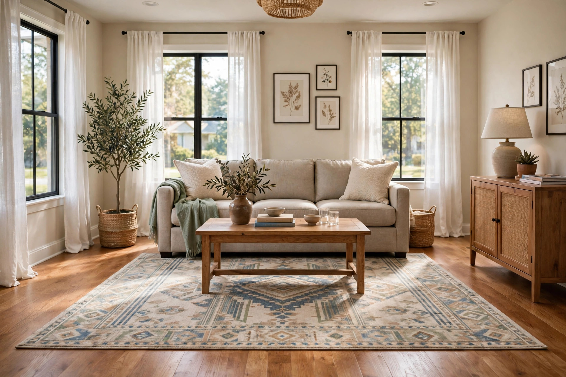 best washable area rugs for living room: A patterned washable area rug in a bright living room