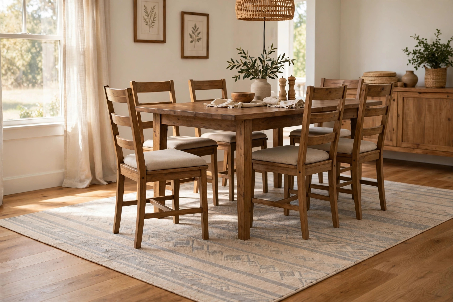 best rug for under dining table usa: Flatweave rug with the best rug for under dining table placement under a wooden dining set in an American dining room