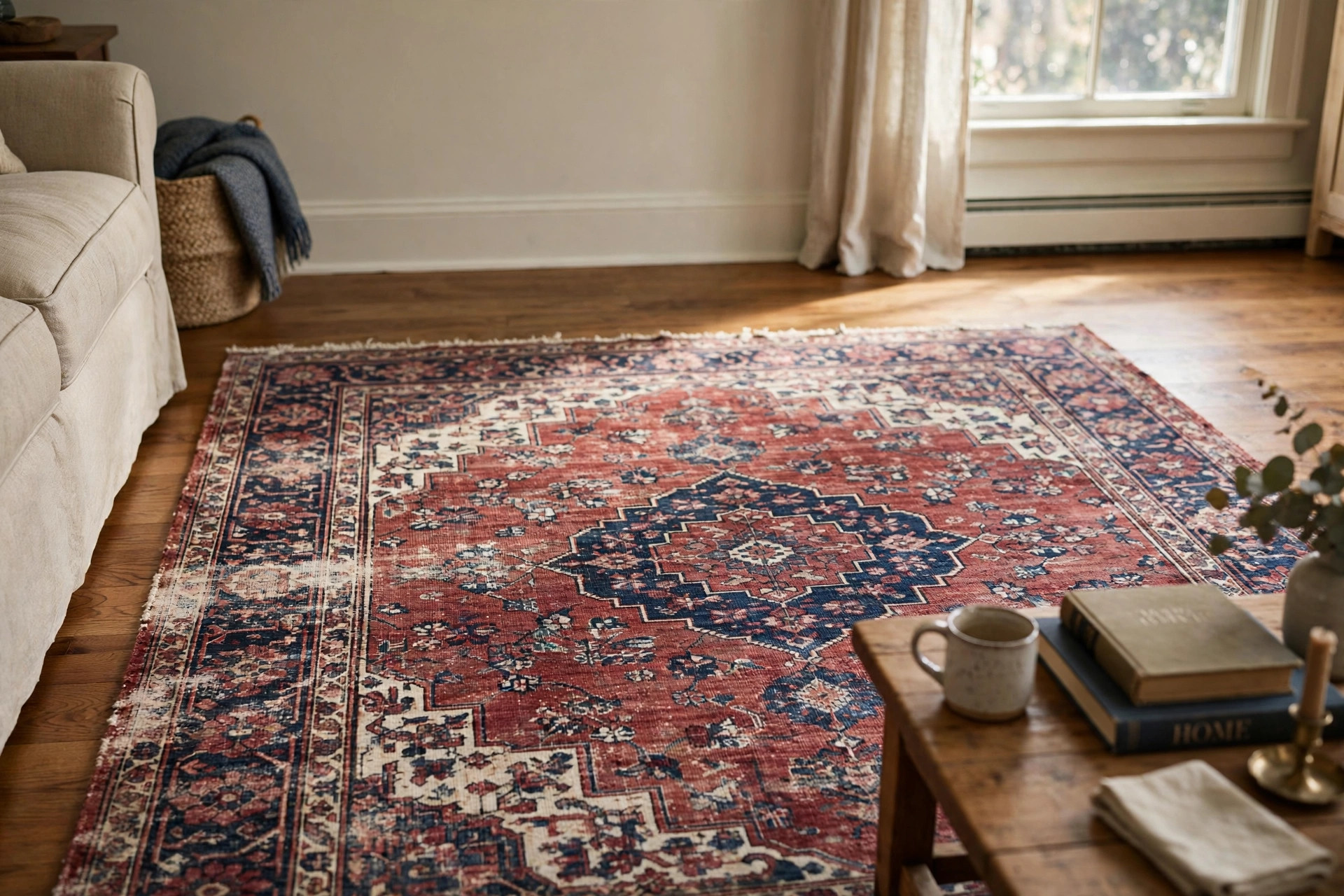 vintage style area rugs for sale usa: Vintage style area rug in a real American living room