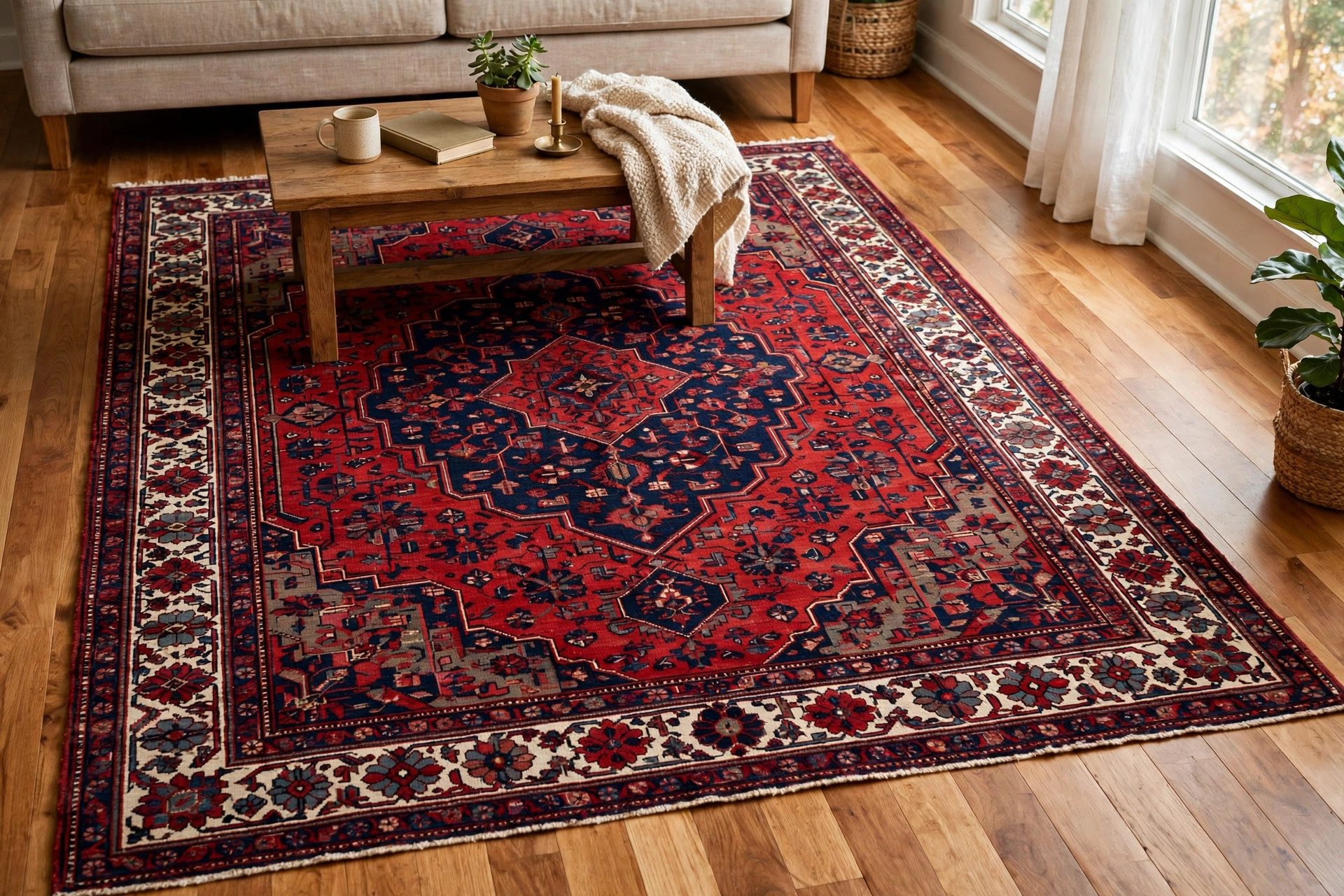 best persian rug for living room usa: Hand-knotted Persian rug in a living room setting in the USA