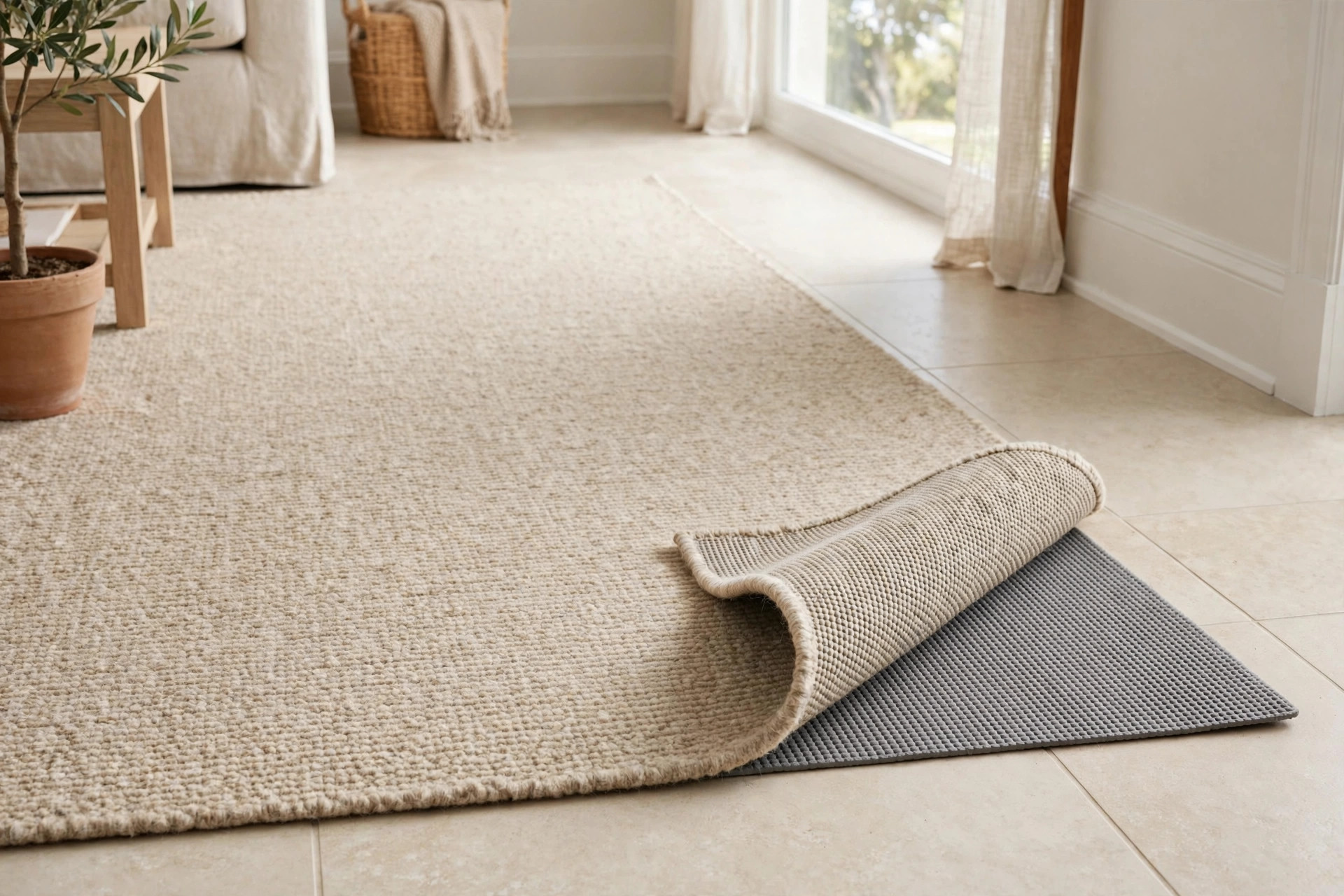non slip rug pad for tile reviews usa: A wool area rug on a tile floor with a non slip rug pad visible under a lifted corner