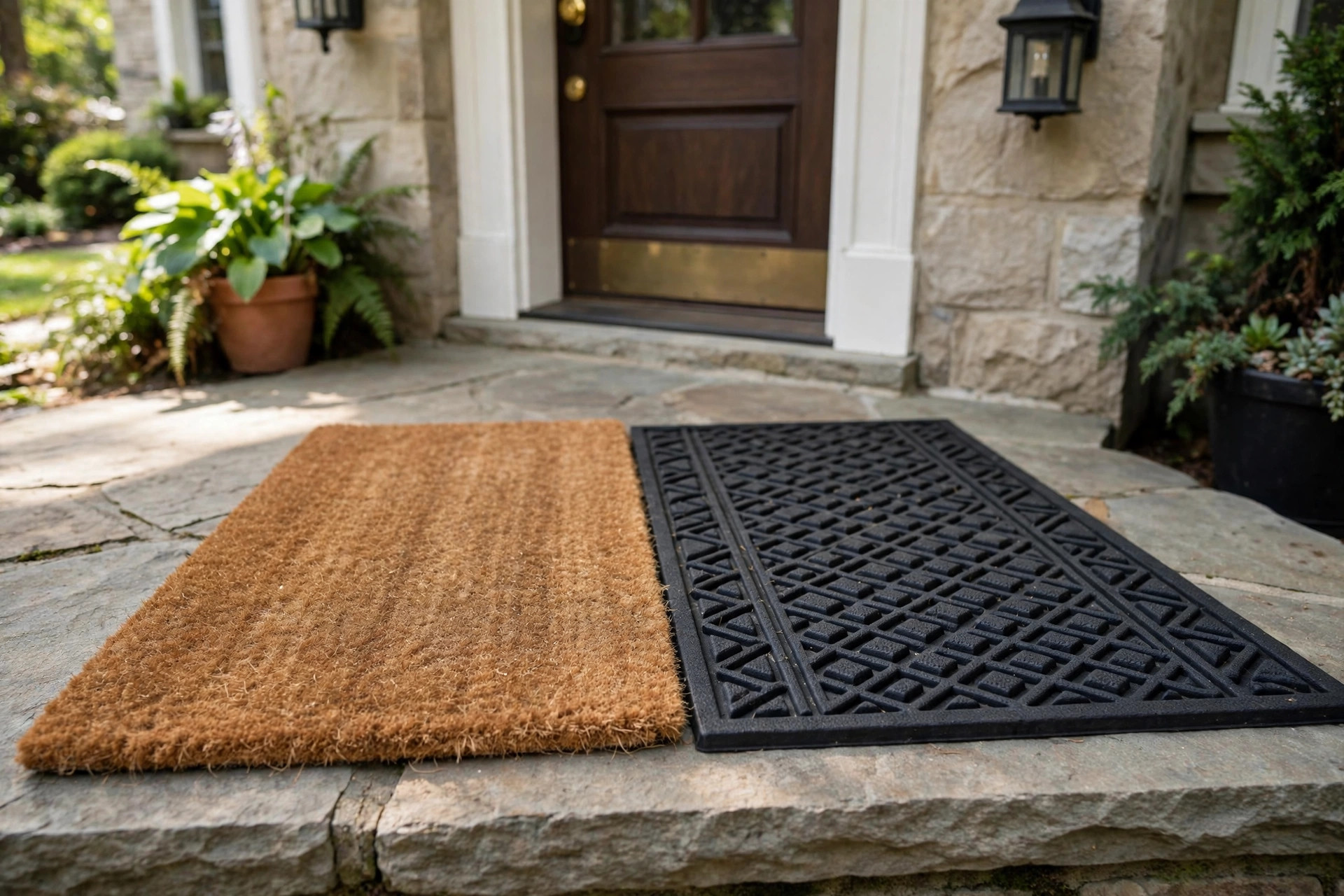 coir doormat vs rubber doormat usa: Coir doormat vs rubber doormat at a USA home entry