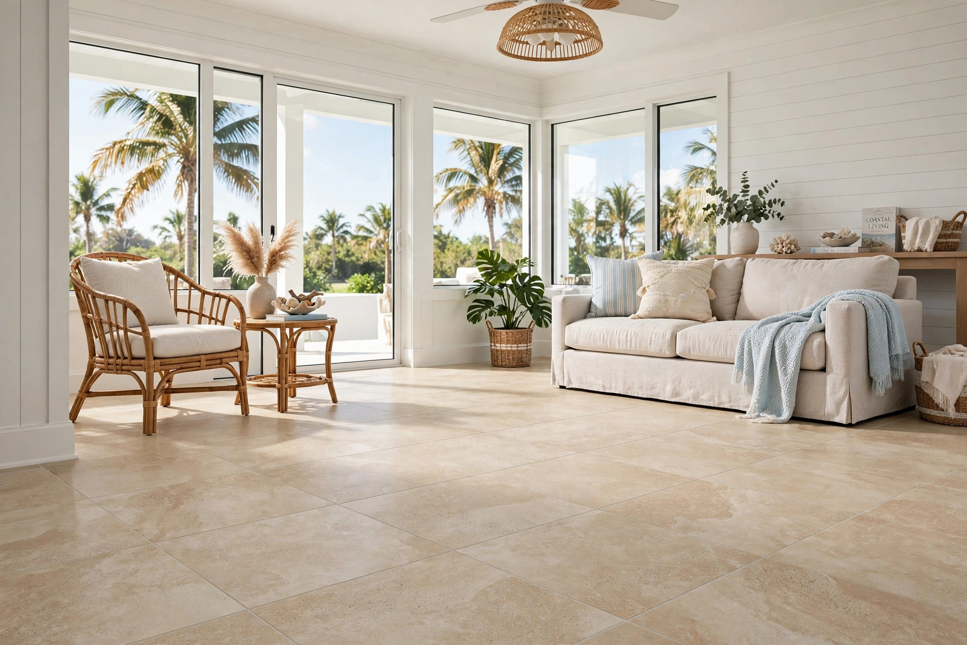 Best flooring for Florida homes humidity: porcelain tile floor in a bright coastal living room