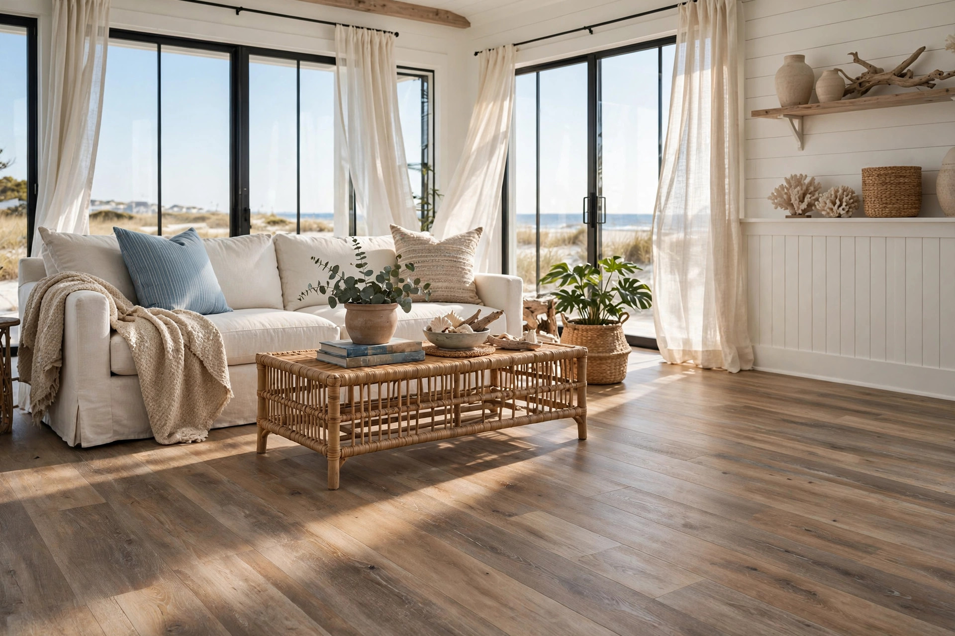 Moisture resistant flooring for coastal homes installed in a bright beach house living room