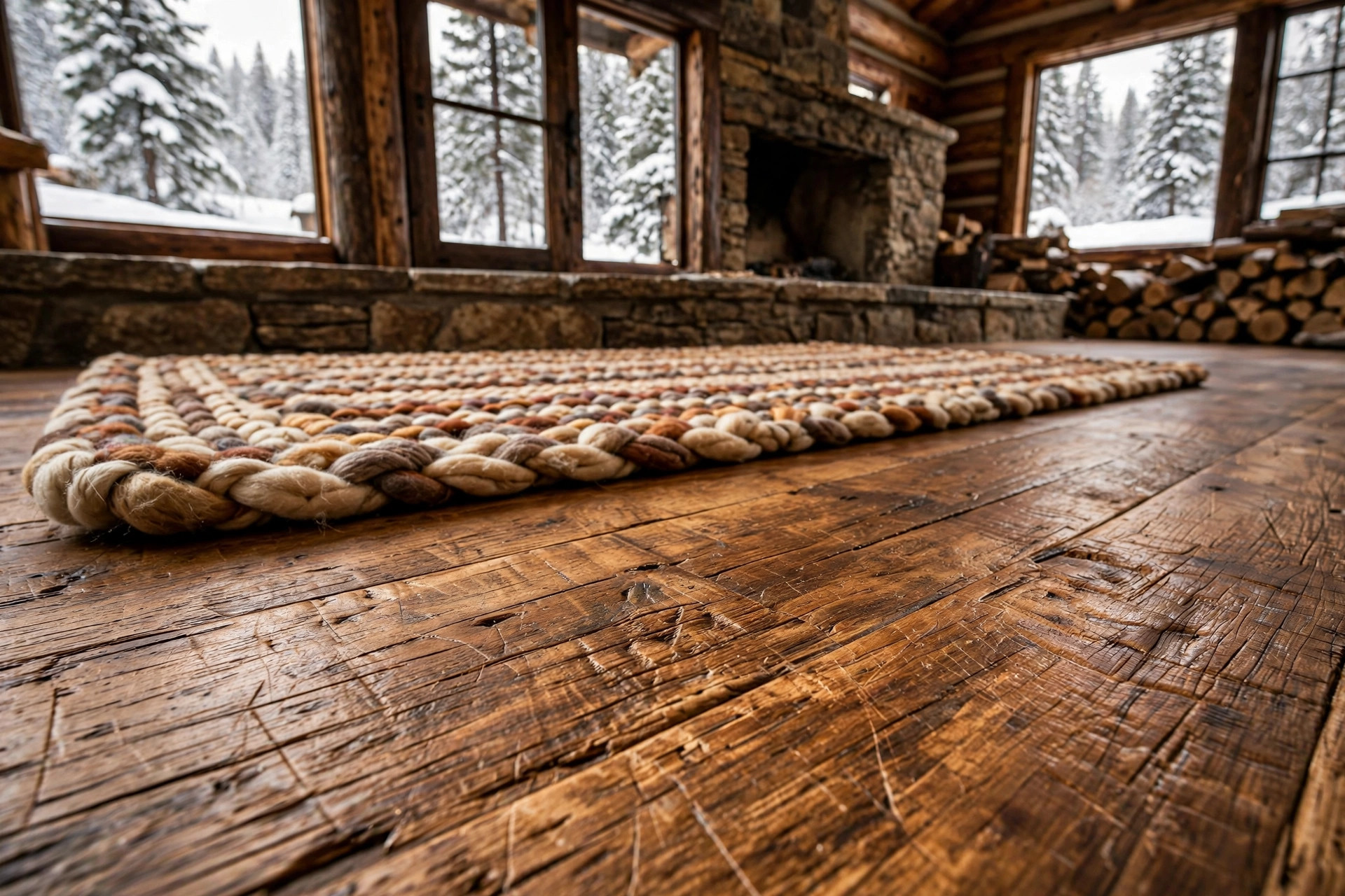 cold climate flooring options for cabins usa: Warm engineered wood floor in a rustic cabin, a cold climate flooring option for cabins usa