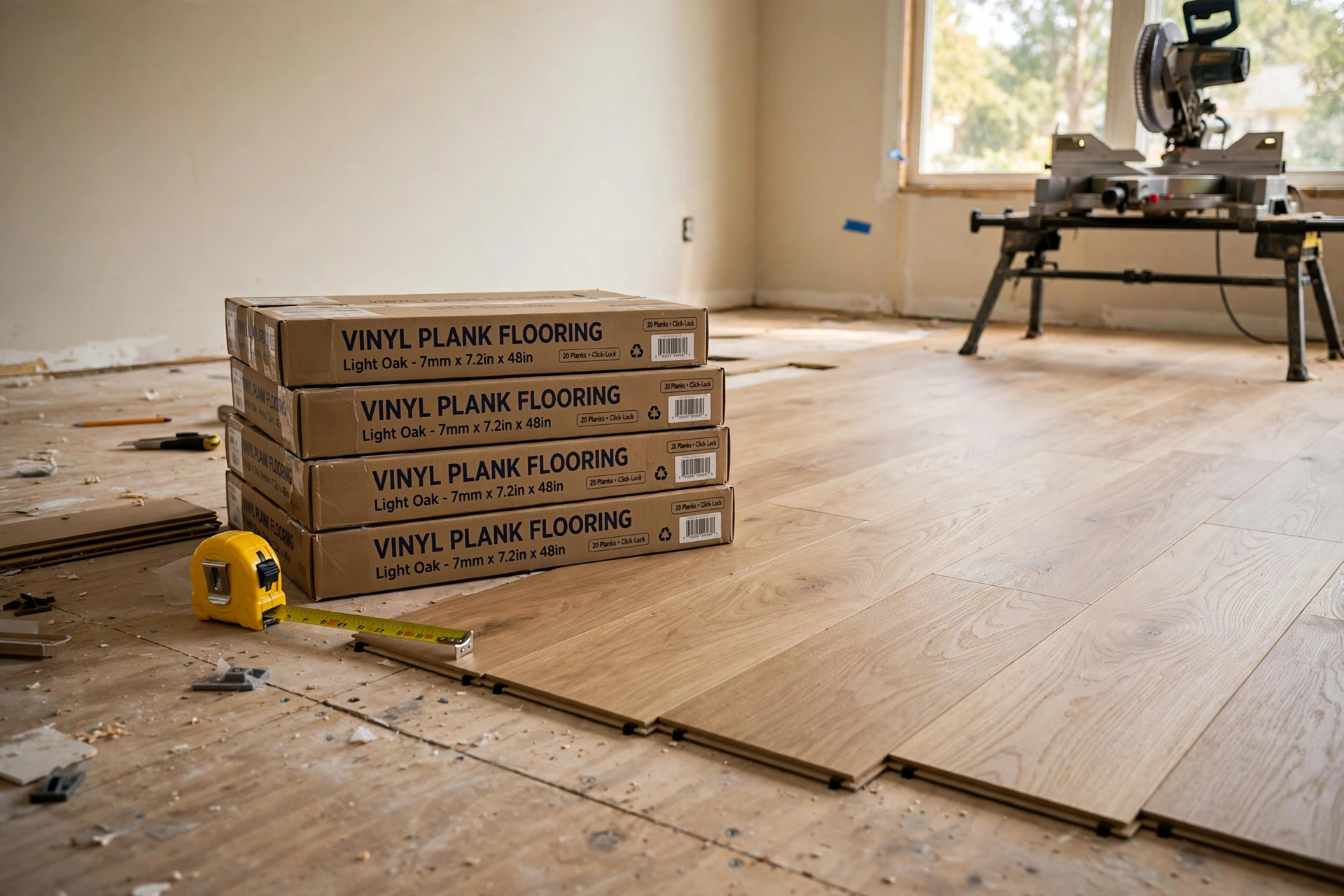 New flooring boxes and a tape measure beside a partly tiled floor, showing a flooring waste factor calculator for diyers project in progress