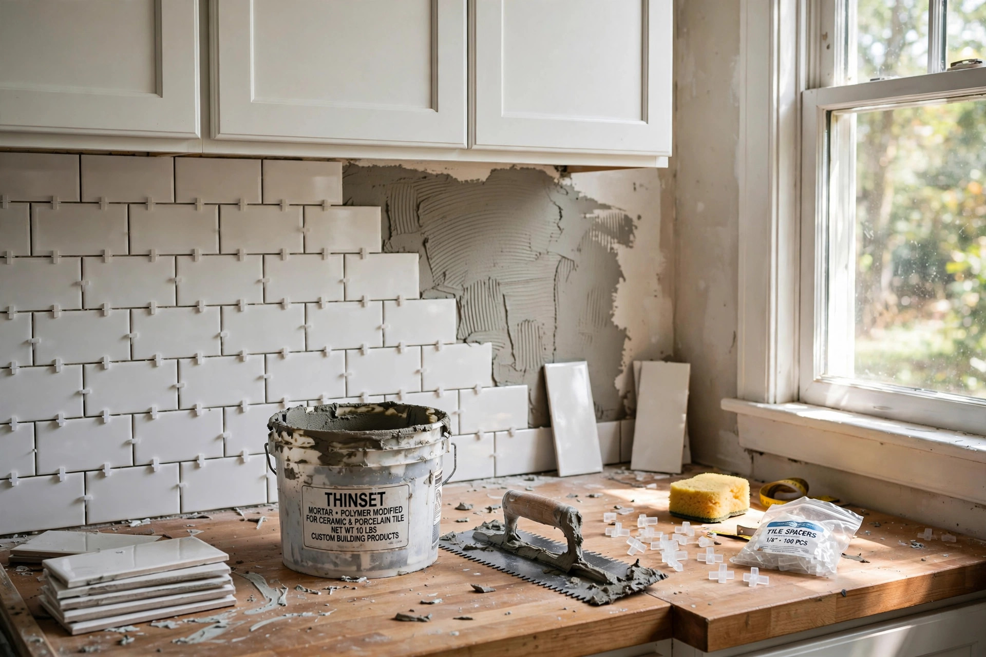 Fresh tile backsplash being set on a kitchen wall, installing tile backsplash for beginners guide