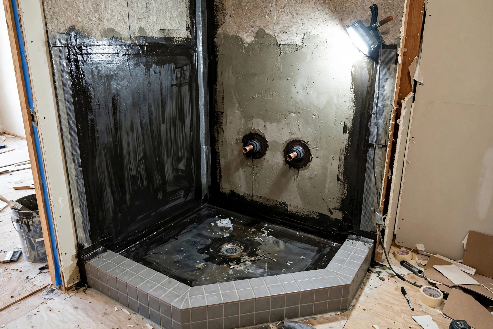 waterproofing shower before tile guide usa: Waterproofing membrane on shower walls before tile installation in a bathroom