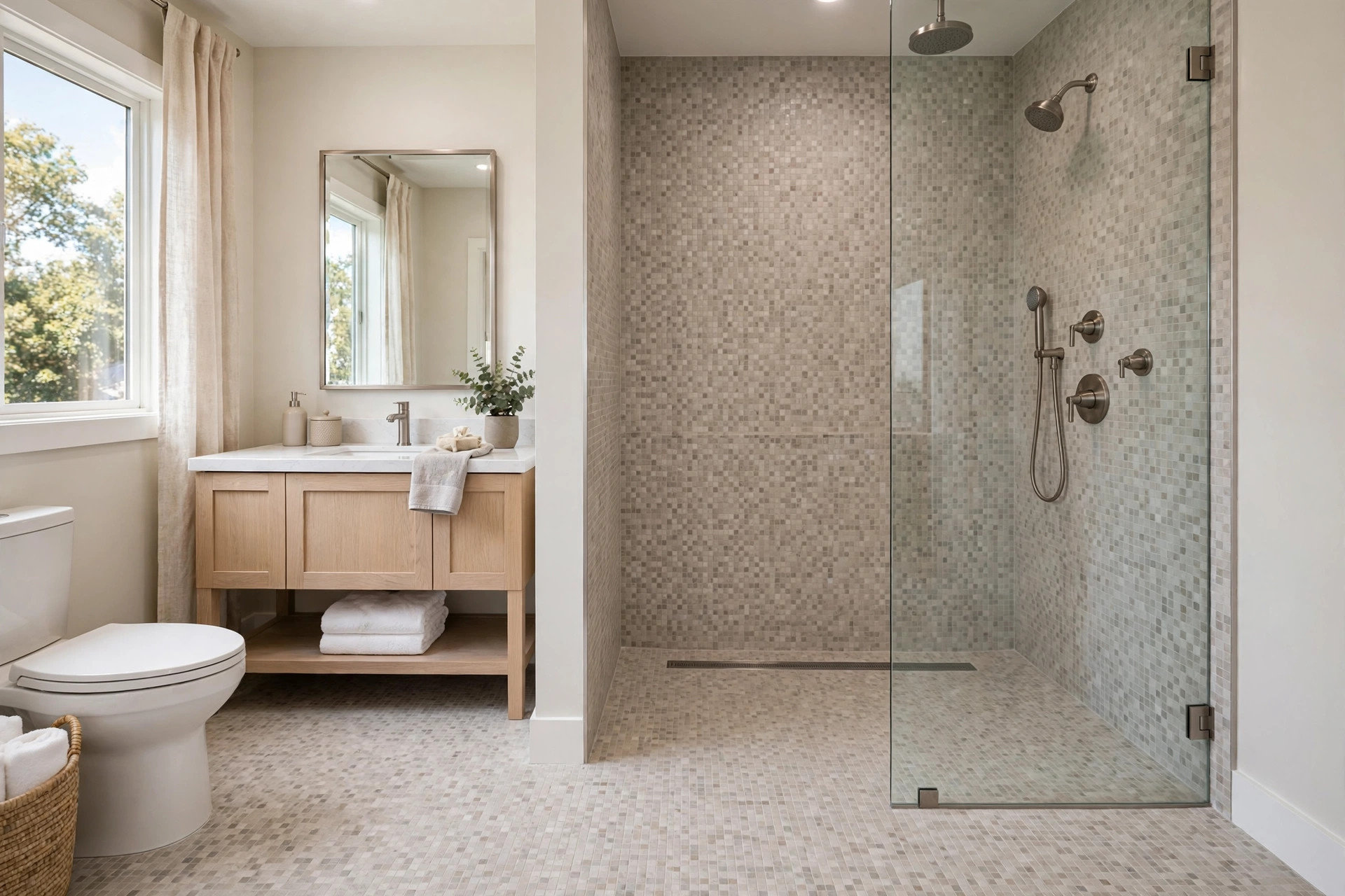 curbless shower pan installation cost usa: A curbless shower with a tiled pan in a modern American bathroom