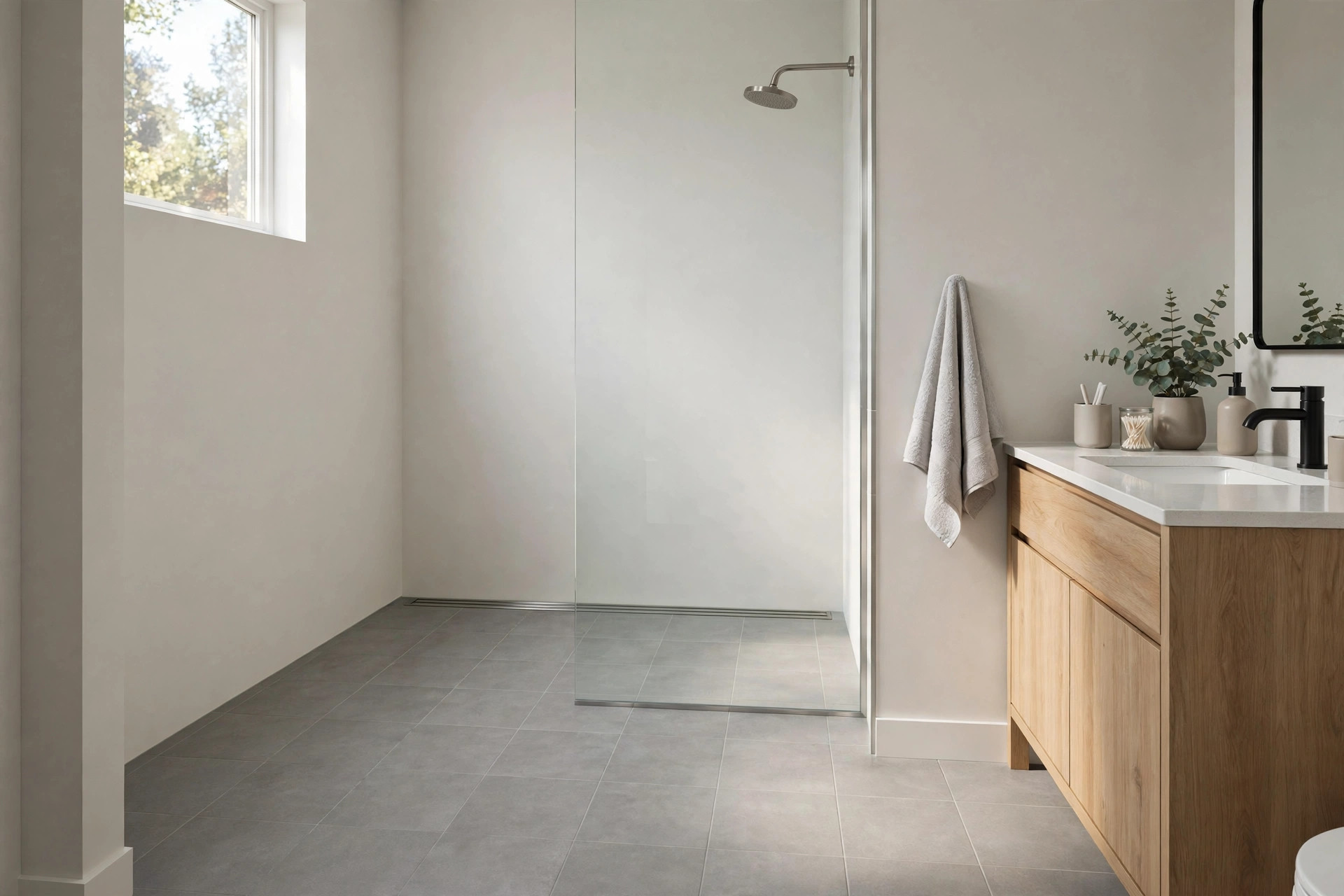 linear drain for curbless shower reviews usa: Linear drain in a curbless shower in an American home