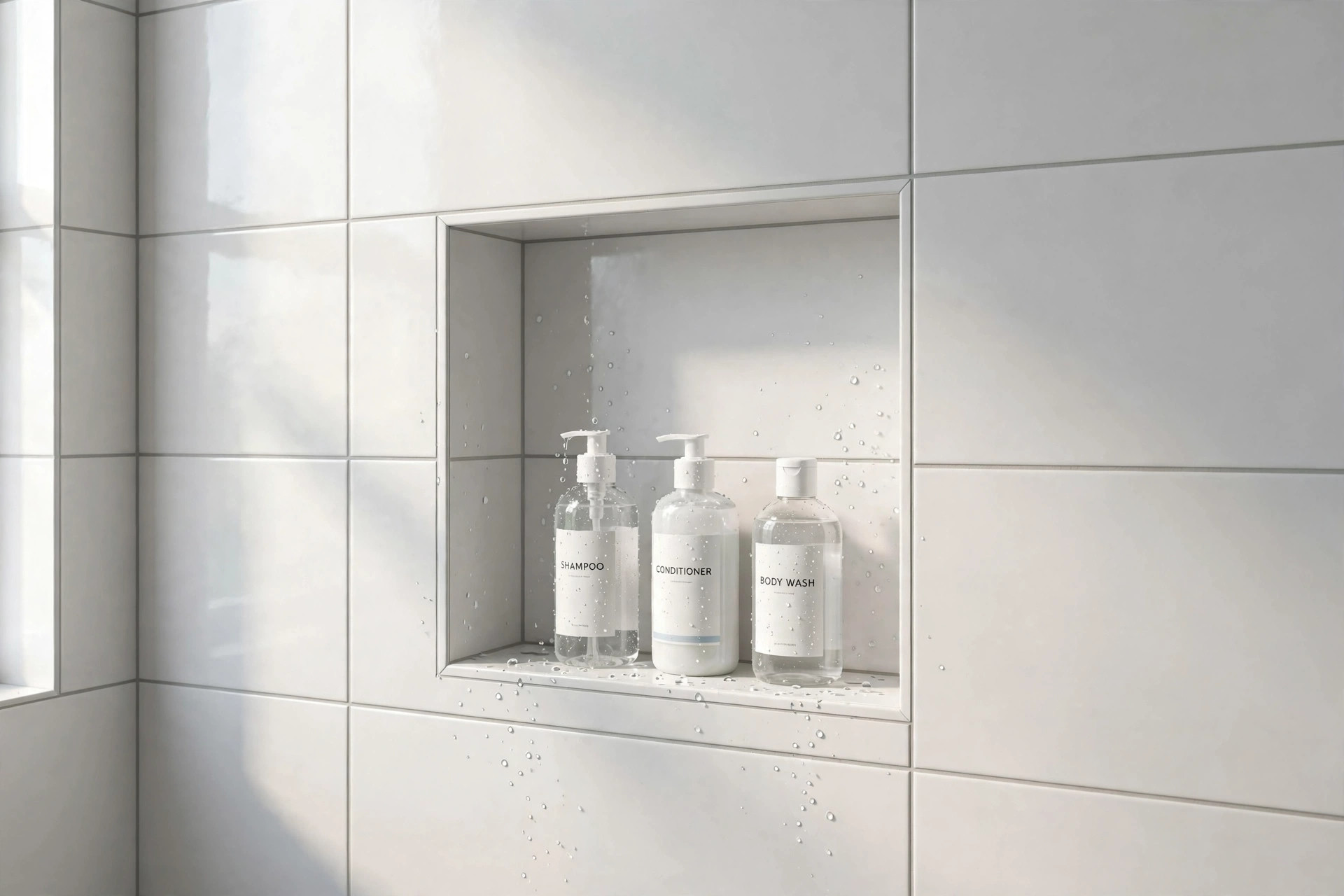 Tiled shower niche with bottles, best shower niche size for tile usa
