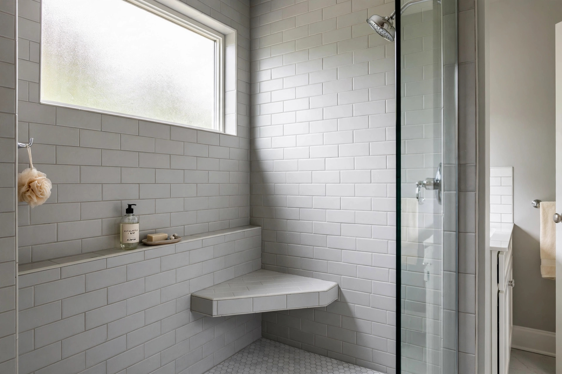 Tile shower bench installation cost usa: tiled corner bench in a walk-in shower