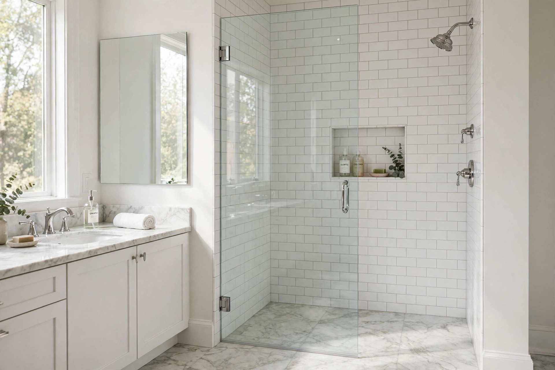 Frameless glass shower door in a modern American bathroom, focus keyword frameless shower door cost installed usa