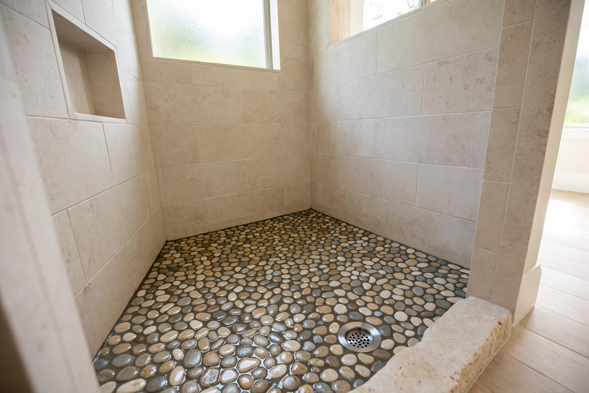 Pebble shower floor pros and cons usa shown in a natural pebble tile shower floor