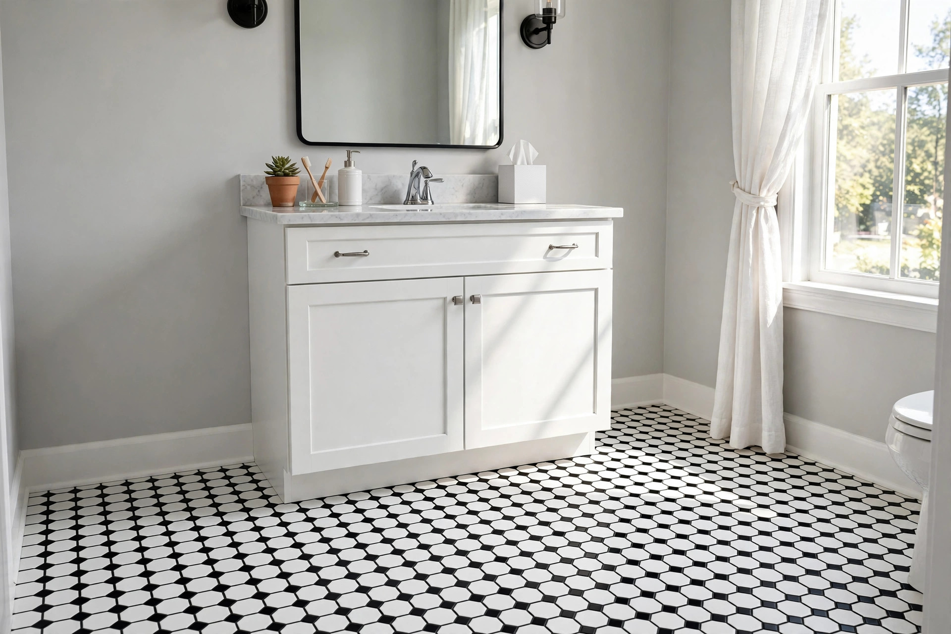 black grout bathroom floor ideas usa: Black grout bathroom floor ideas with white hex tiles in a modern American bathroom