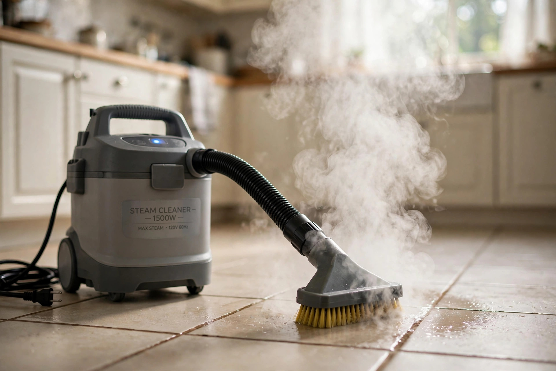 steam cleaner for tile grout reviews usa: A steam cleaner for tile grout in use on a bright kitchen tile floor