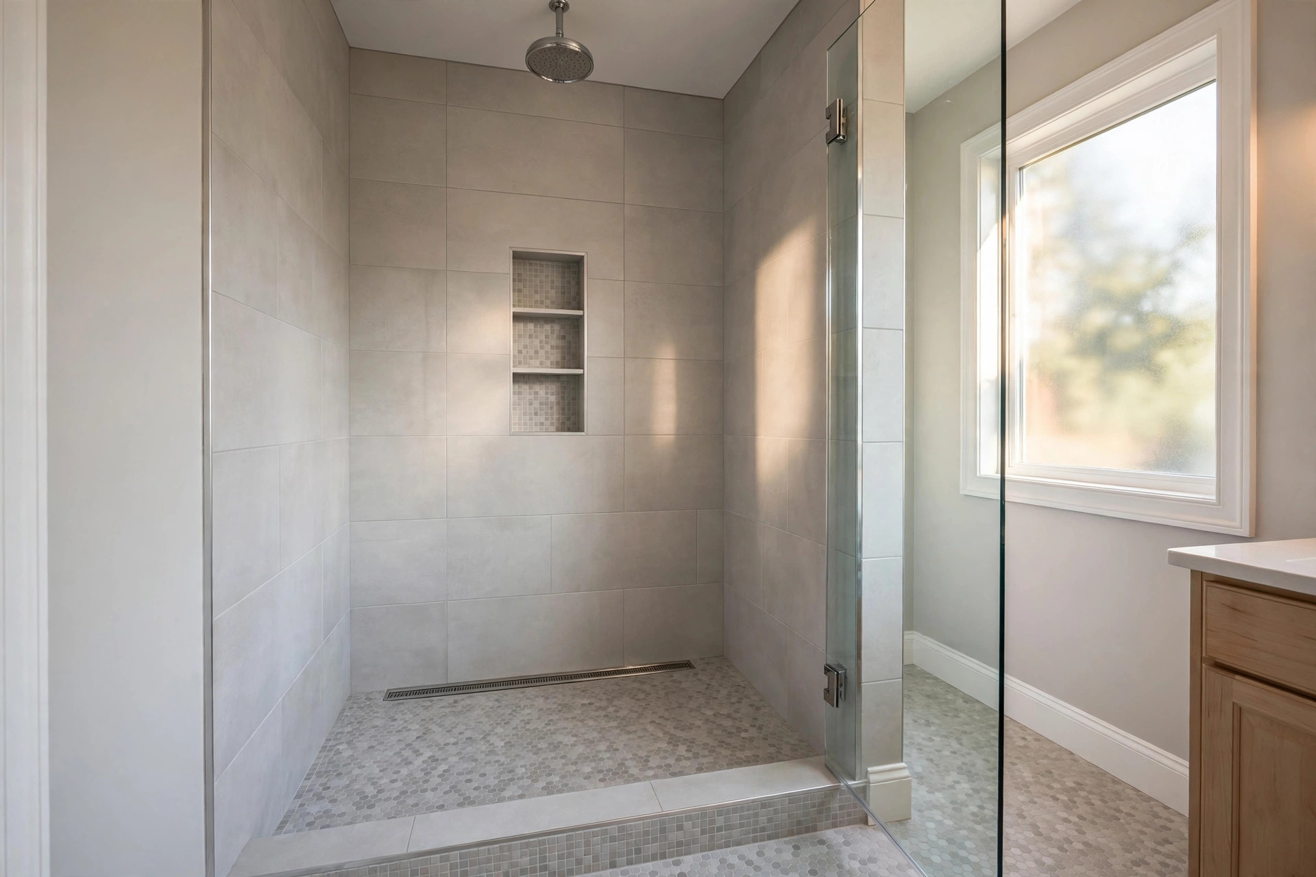 walk in shower installation cost near me: A walk in shower with tiled walls and glass door in an American bathroom
