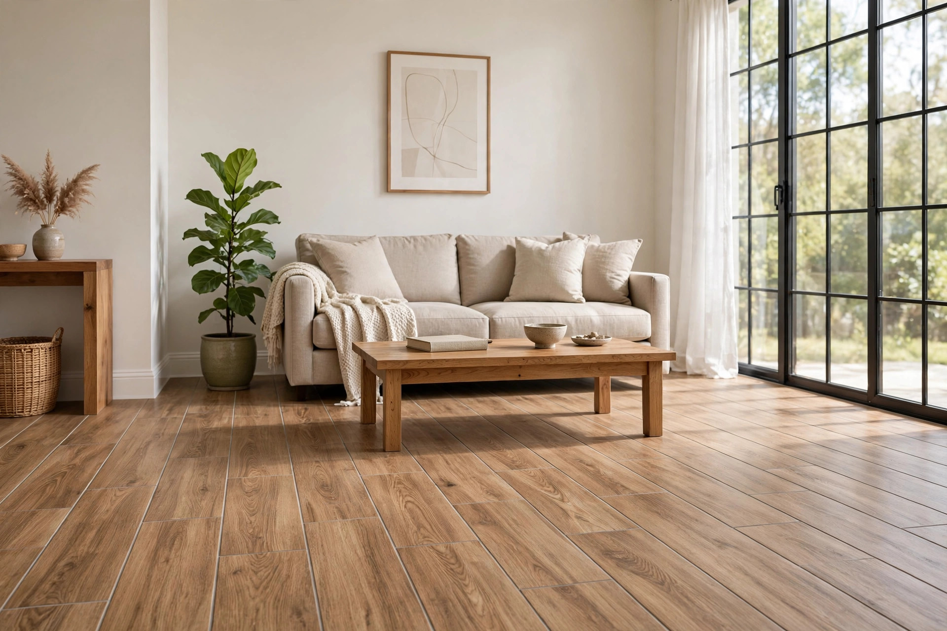 wood look tile pros and cons reviews: Wood look tile floor in a bright American living room