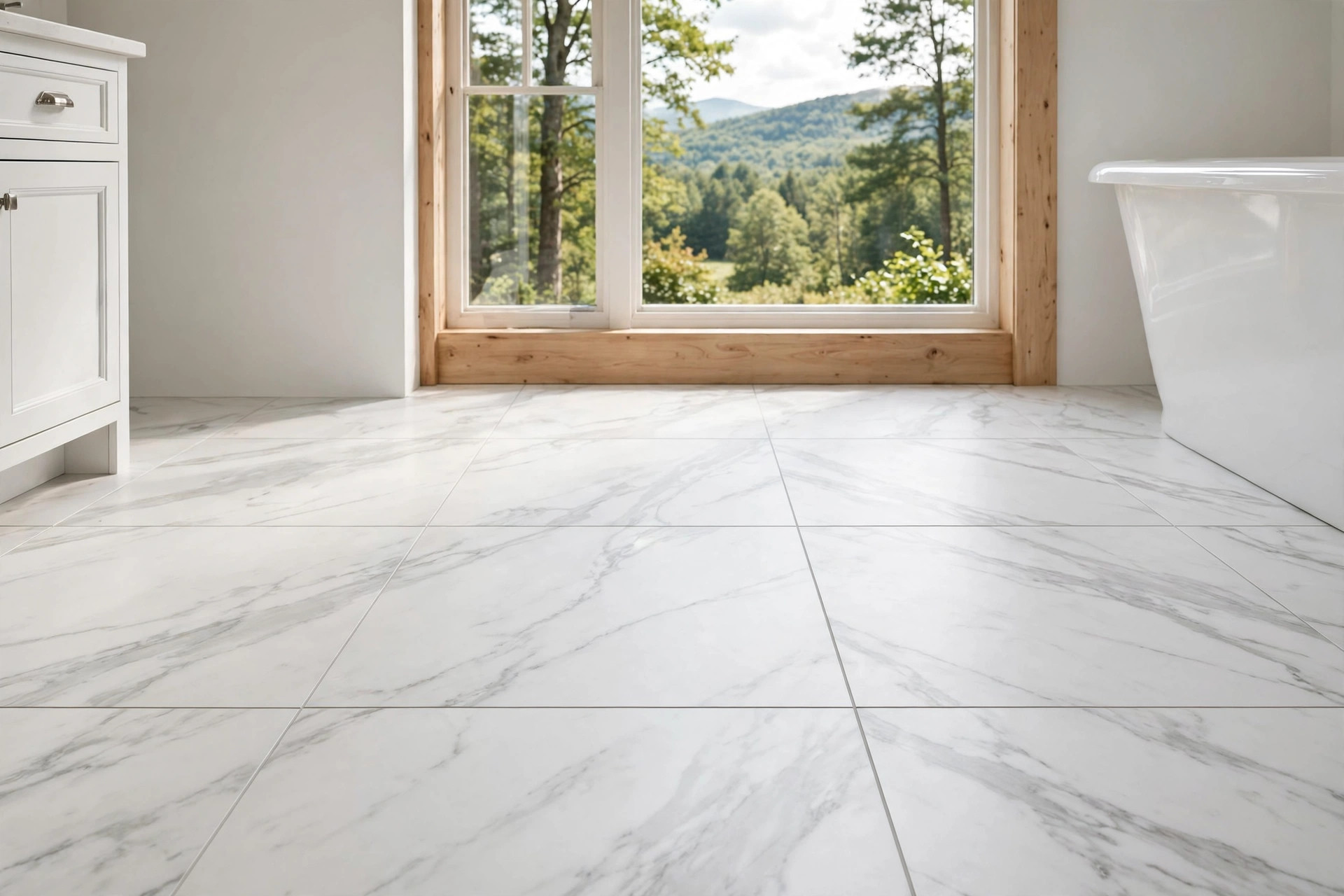 marble look porcelain tile reviews usa: Marble look porcelain tile floor in a bright American bathroom