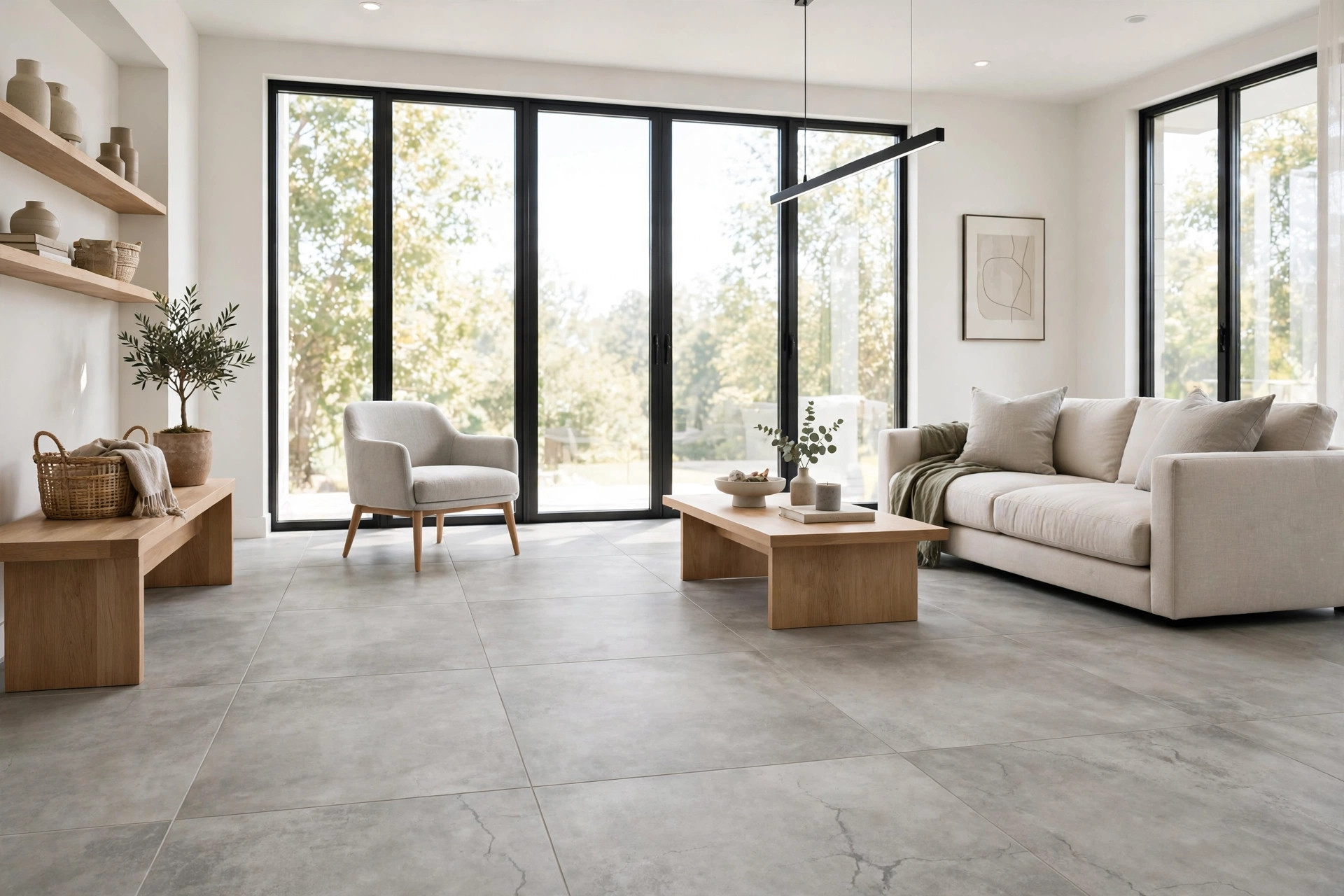 Concrete look tile for modern homes usa in a bright living room