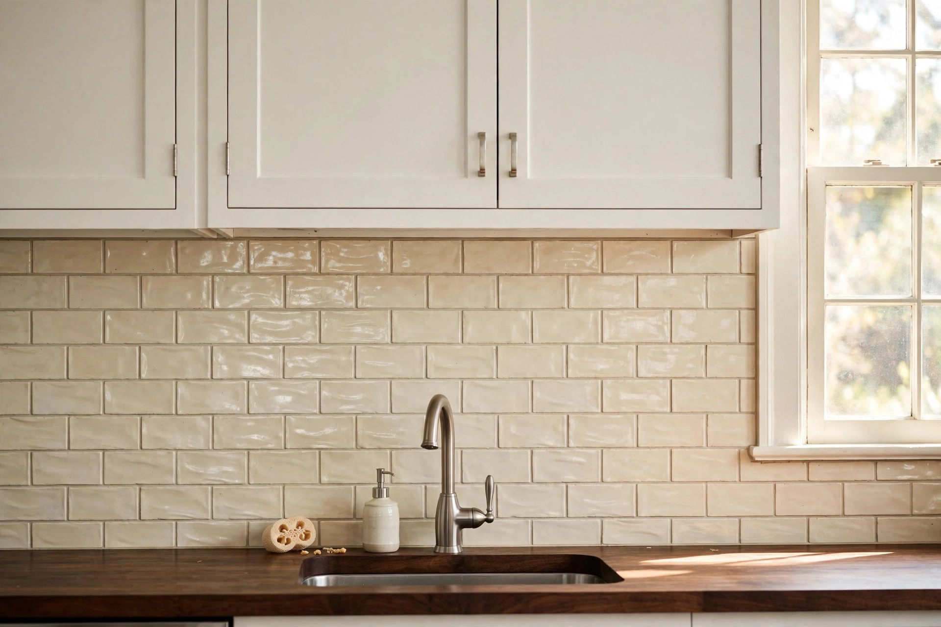 kitchen backsplash tile for white cabinets: Cream-colored subway tile backsplash behind bright white kitchen cabinets
