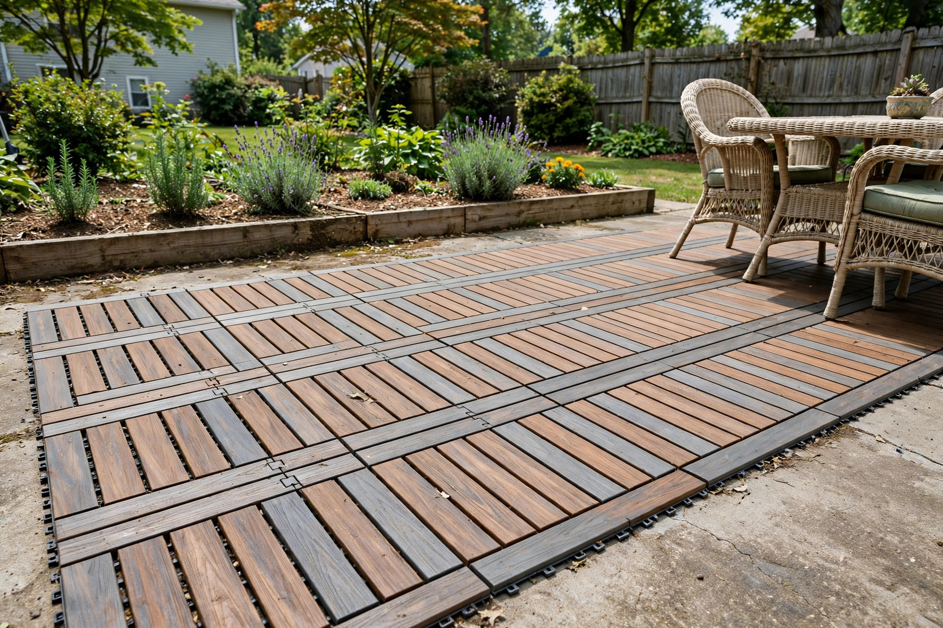 Interlocking deck tiles for concrete patio made of warm wood slats on a backyard slab
