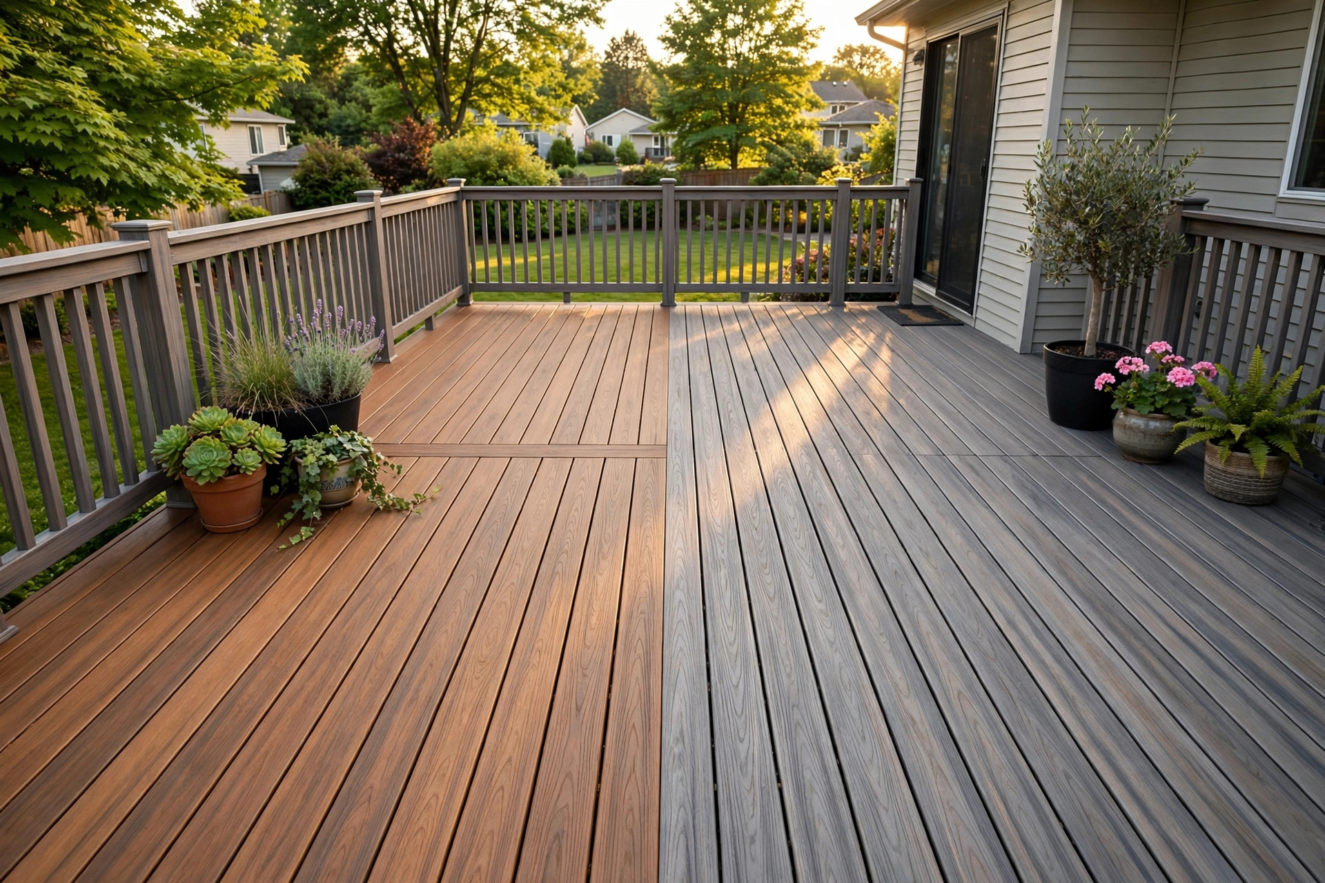 Composite deck boards showing trex vs timbertech decking comparison usa