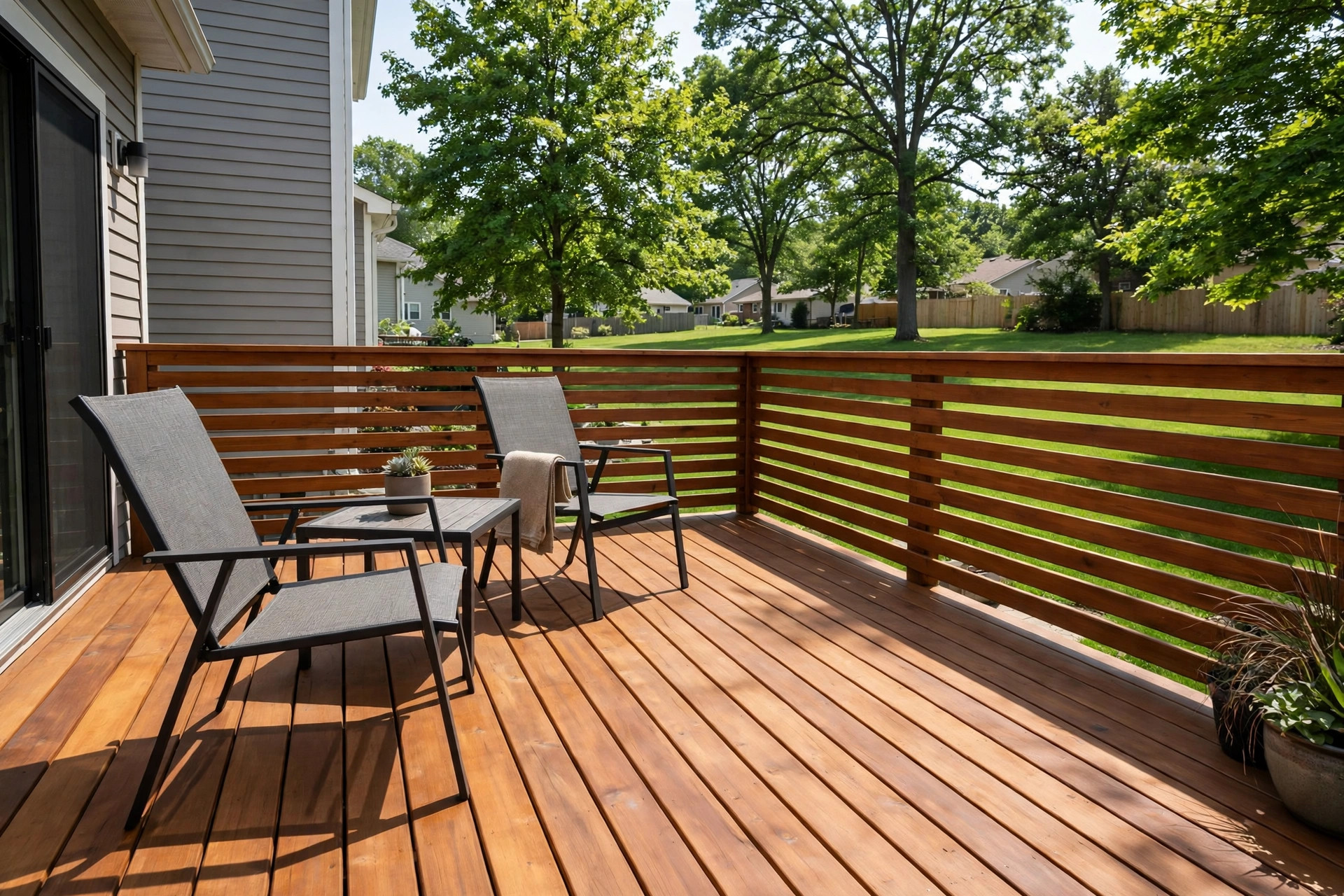 deck resurfacing cost per square foot usa: Freshly resurfaced wooden deck with new stain on a home in the USA