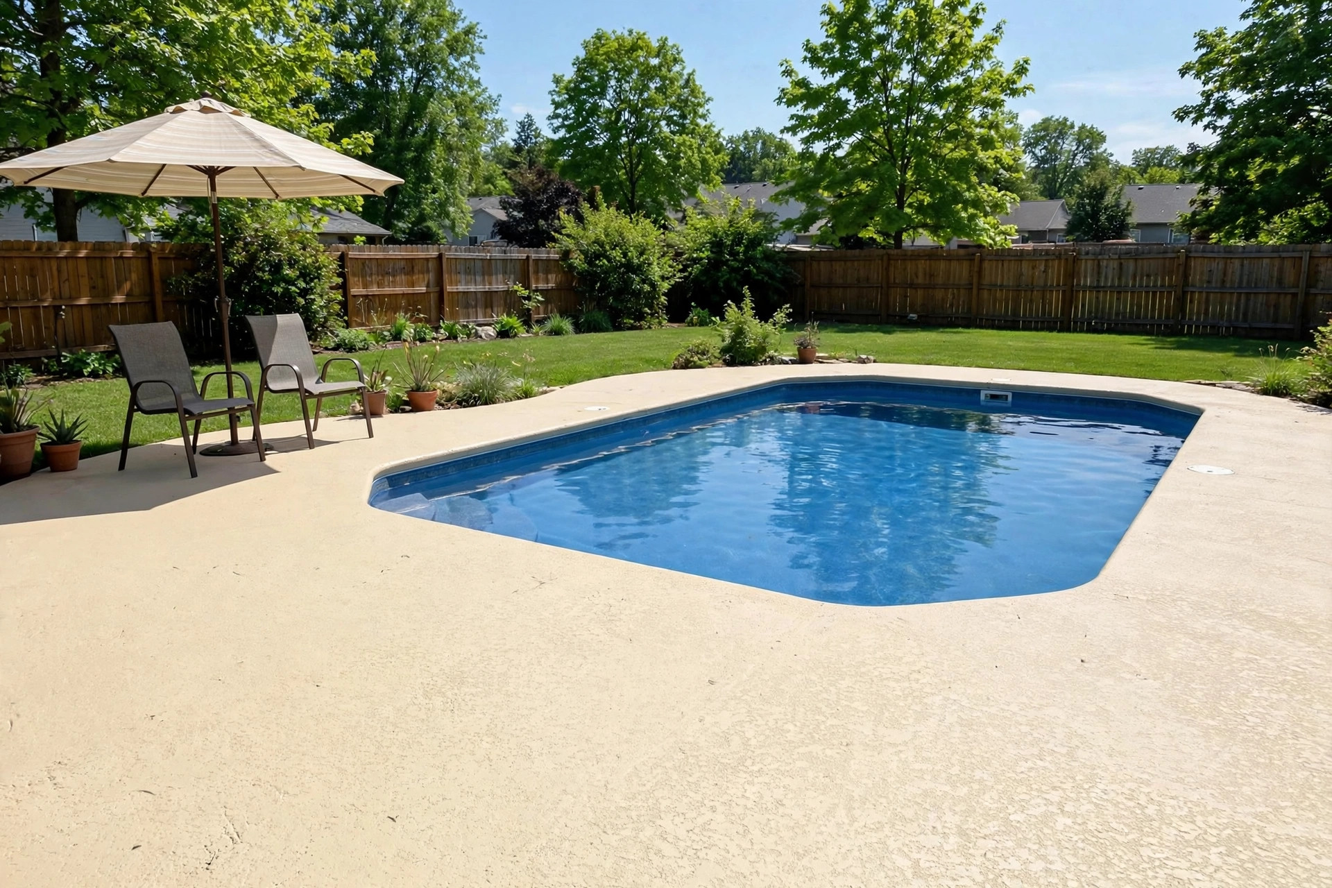 Cool deck coating for pool area reviews showing a cool-toned concrete pool deck in bright sun