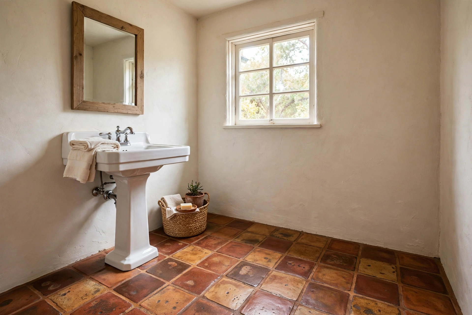 A bathroom floor covered in warm handcrafted mexican tile for bathroom floor for sale stock