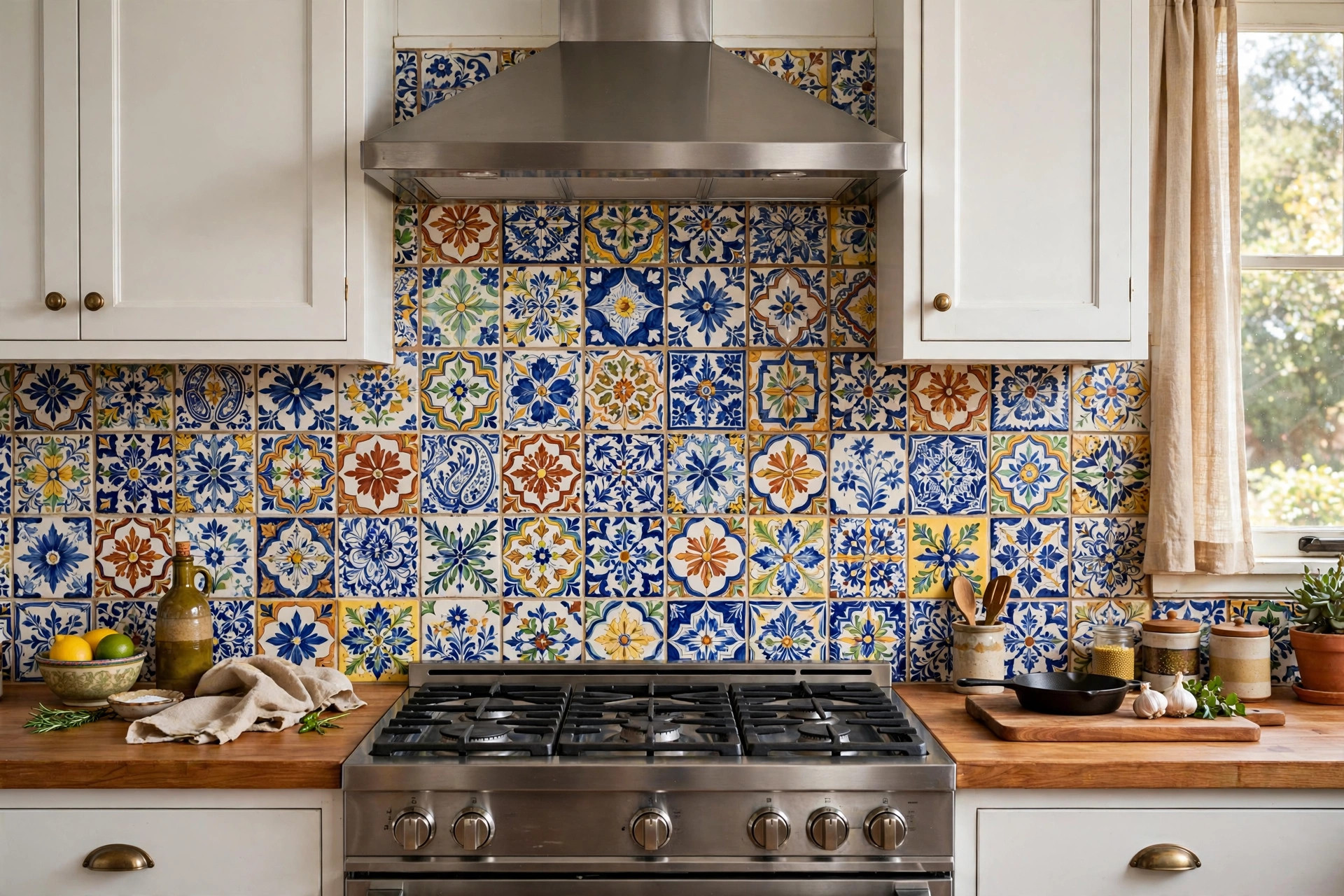 Hand painted tile backsplash for sale usa in a warm American kitchen