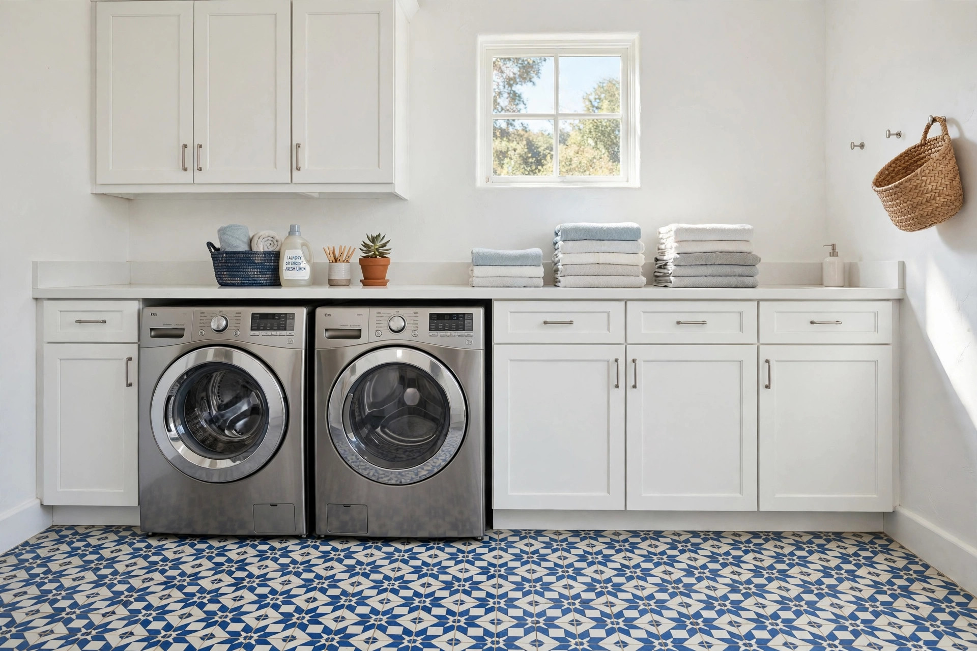 Moroccan tile for laundry room floor usa pattern in a bright American laundry room