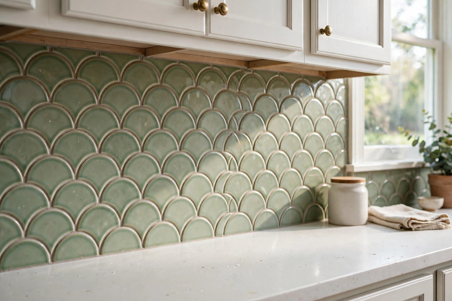 fish scale tile backsplash cost usa: Fish scale tile backsplash in a modern American kitchen