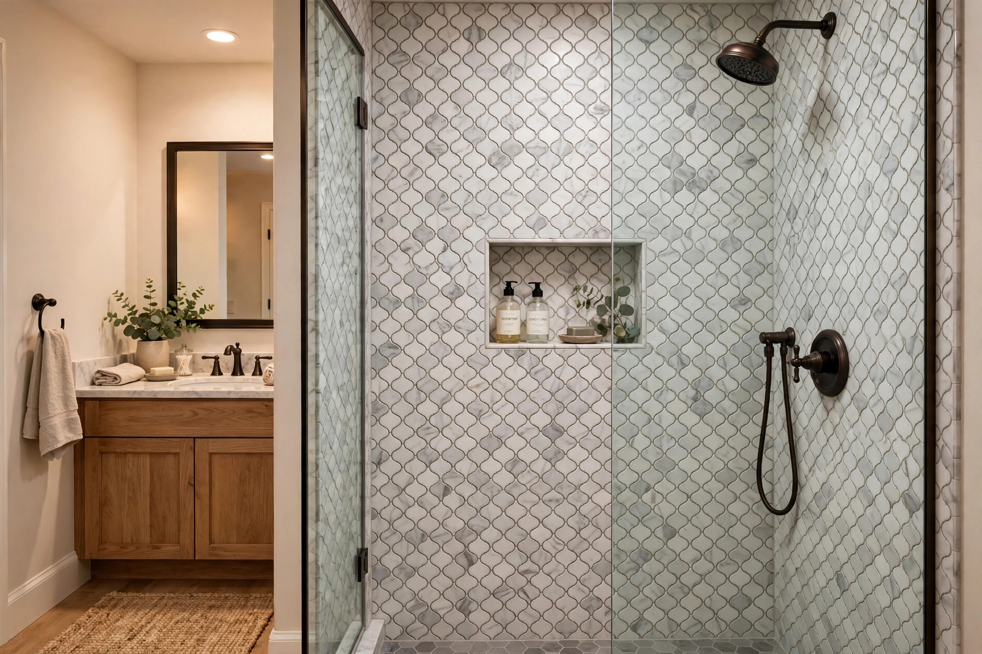 arabesque tile for shower wall reviews usa: Arabesque tile shower wall with white mosaic tiles in an American bathroom