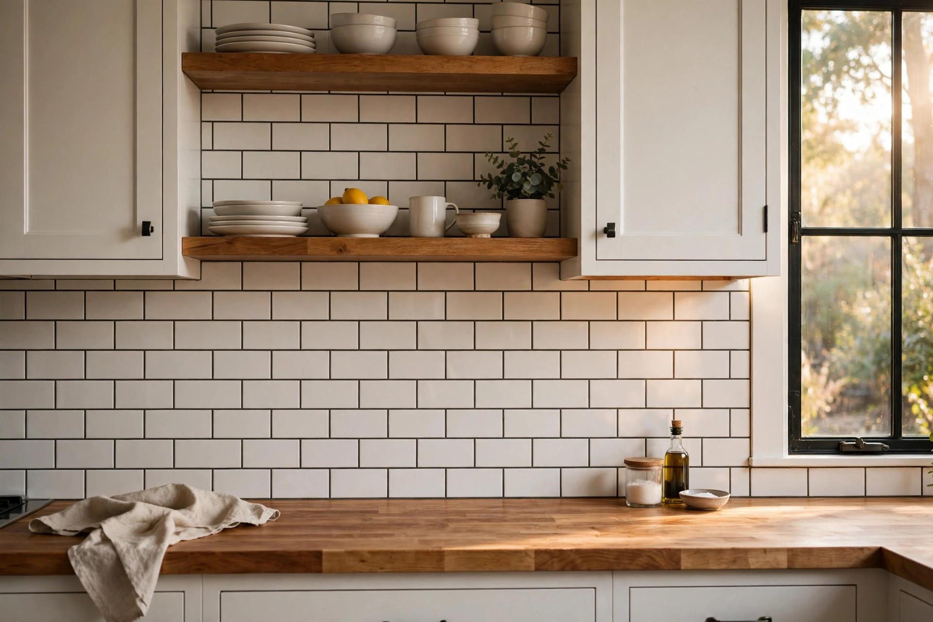 dark grout with white subway tile ideas: White subway tile with dark gray grout in a classic kitchen