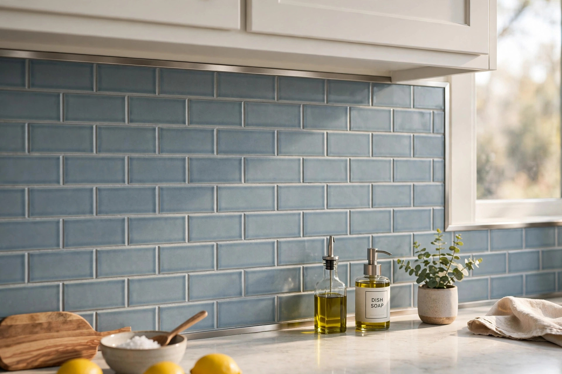A kitchen backsplash of blue ceramic tile finished with brushed metal edge trim, best edge trim for tile backsplash usa