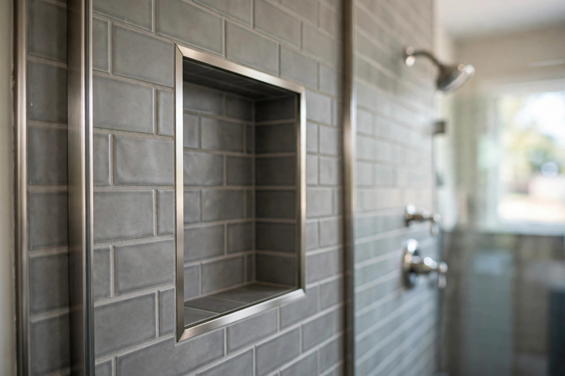 schluter trim for tile edges reviews usa: Schluter trim for tile edges installed on a tile shower wall in an American home