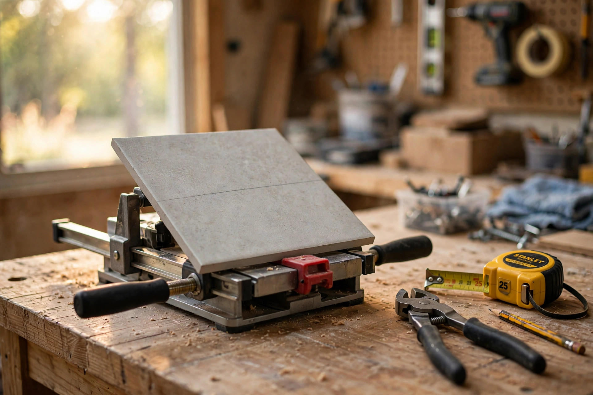 A manual tile cutter scoring a ceramic tile on a workbench, showing how to cut tile without a saw usa